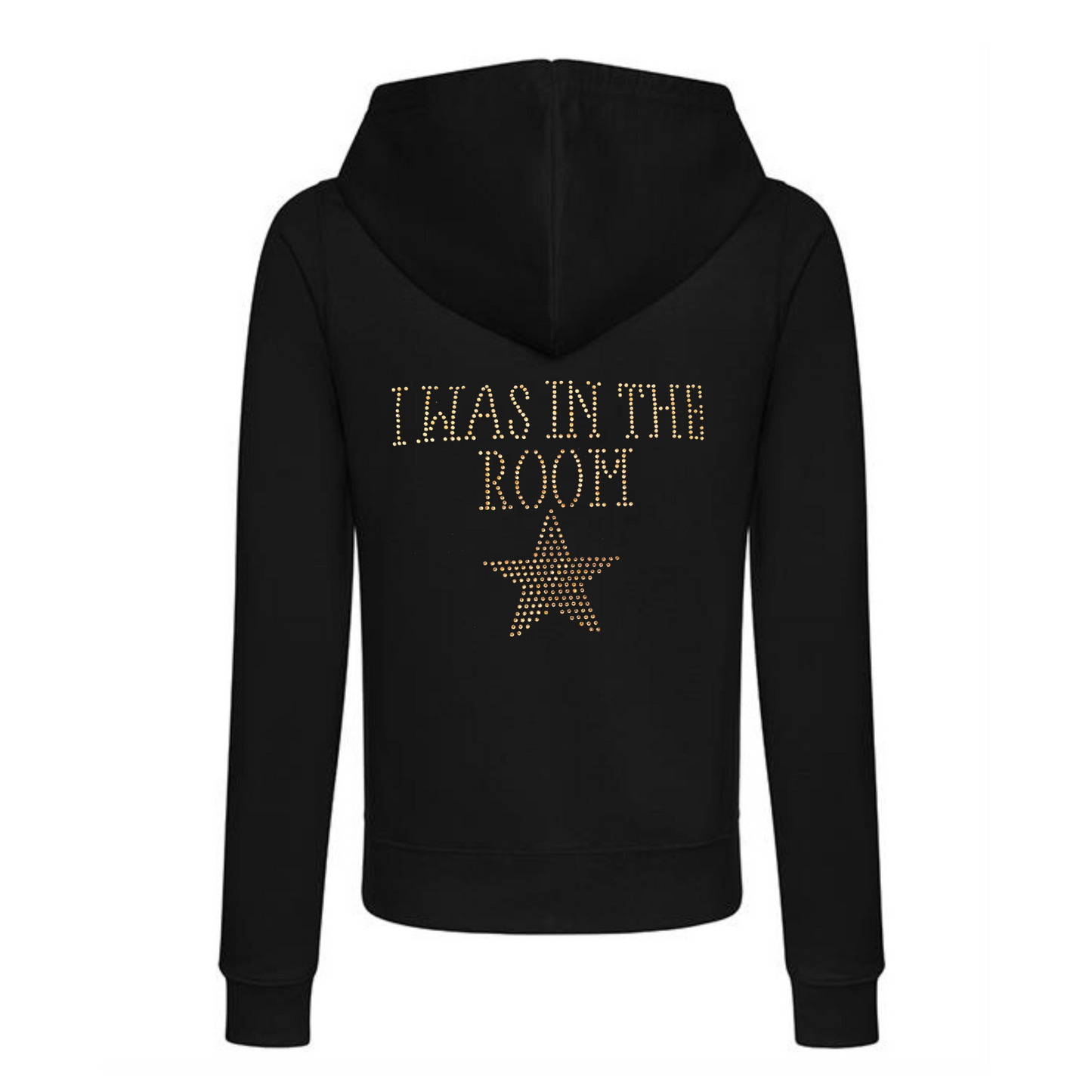 Black pullover hoodie with I WAS IN THE ROOM spelt out and a gold star underneath. The design is placed on the back in this image.
The hoodie has a front kangaroo pocket.
The design is made up of gold rhinestones that sparkle in the light beautifully.
