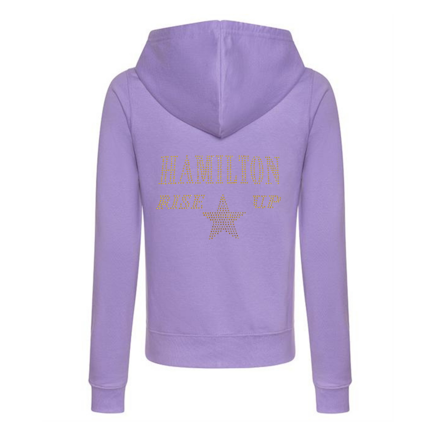 Purple zip up hoodie, with gold sparkling "Hamilton Rose up" with a gold star set just underneath.
design is made up of sparkling rhinestones that catch the light beautifully