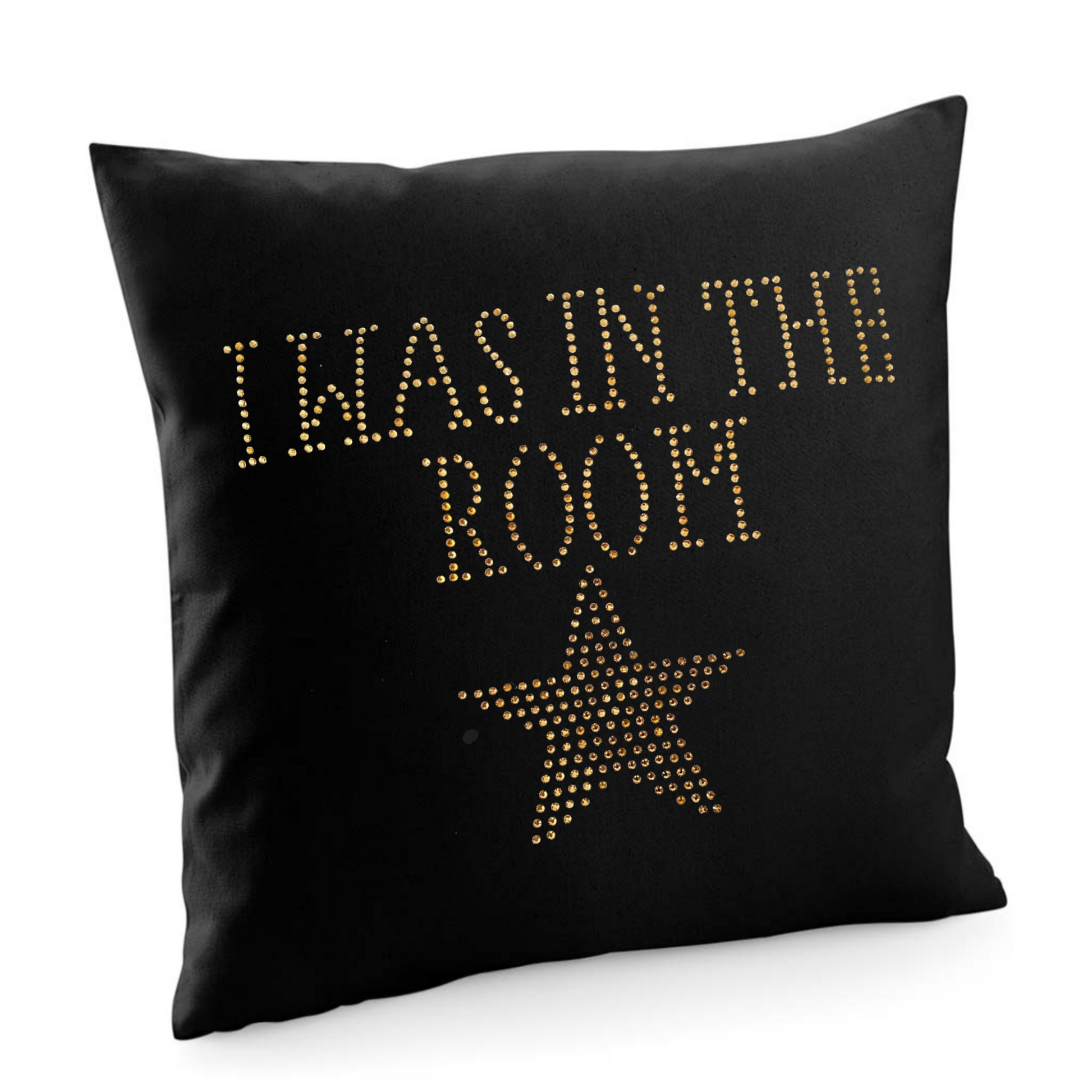 HAMILTON BLACK COTTON CUSHION COVER WITH IN THE ROOM LETTERING, BELOW THIS IS GOLD STAR.
THE DESIGN IS MADE UP OF HOT FIX RHINESTONES THAT HEAT PRESSED AND CATCH THE LIGHT BEAUTIFULLY