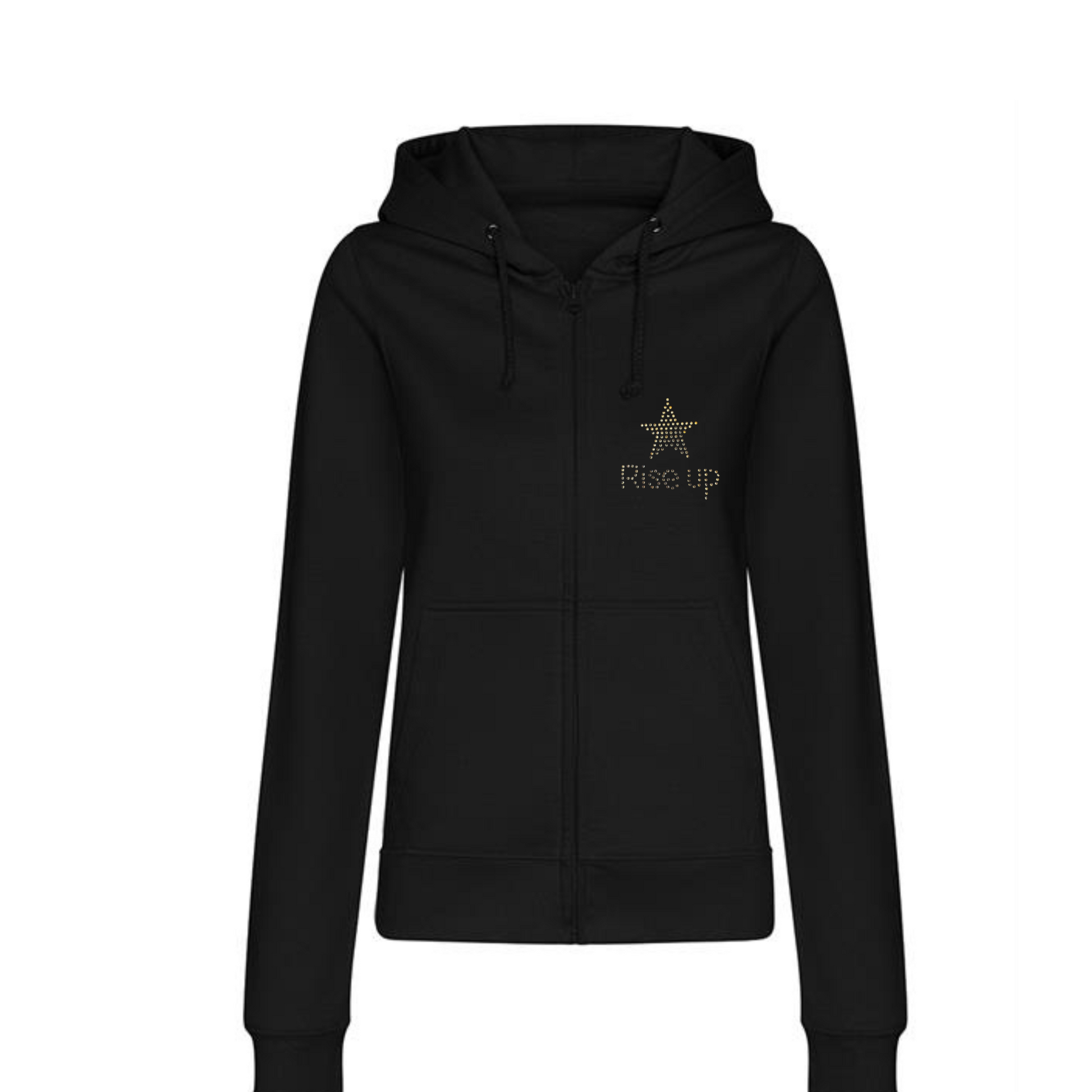 front of hoodie with small rise up writing and little gold star above, this is et on the front left of the hoodie