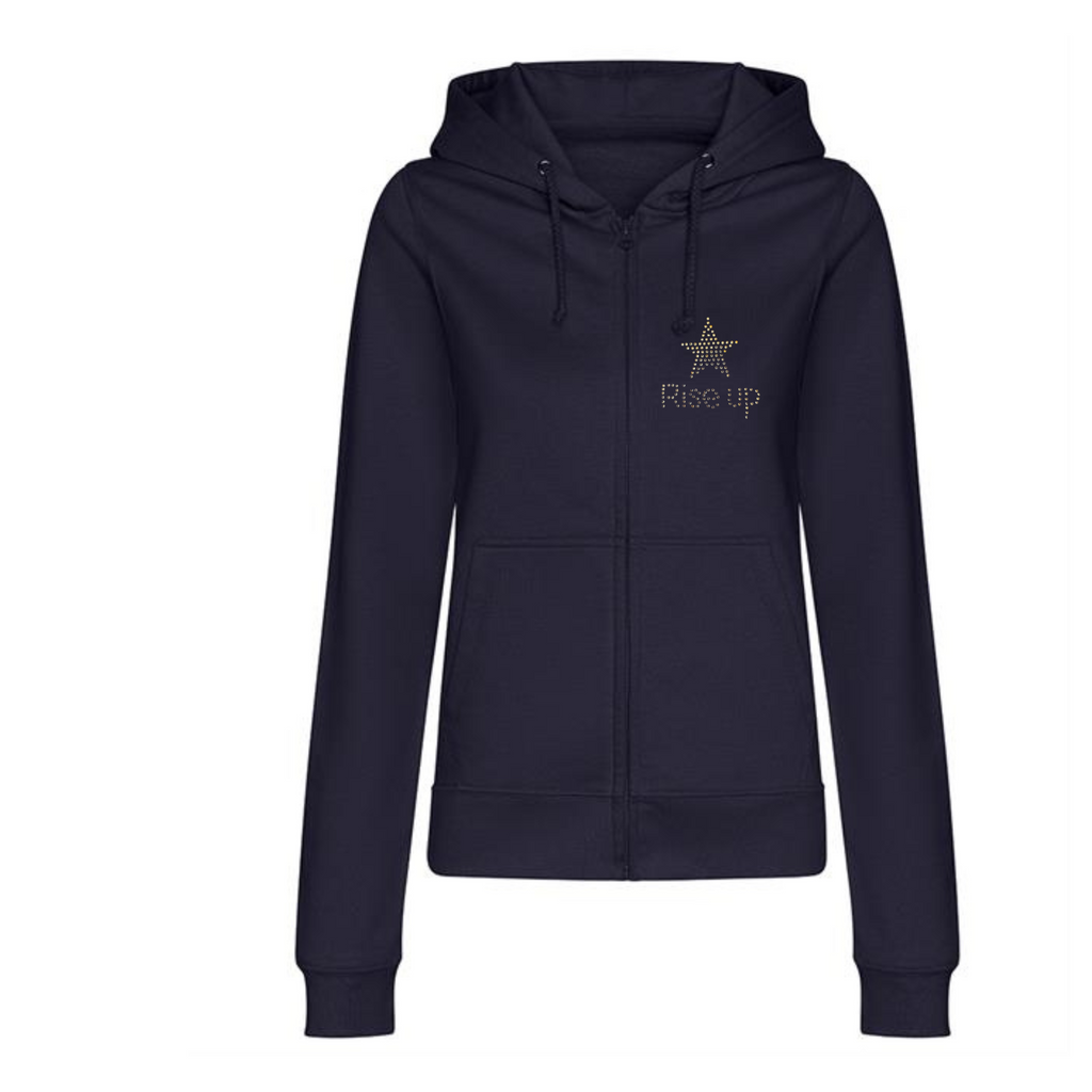 navy zip up with small rise up writing and little gold star, this is set on the front left of the hoodie