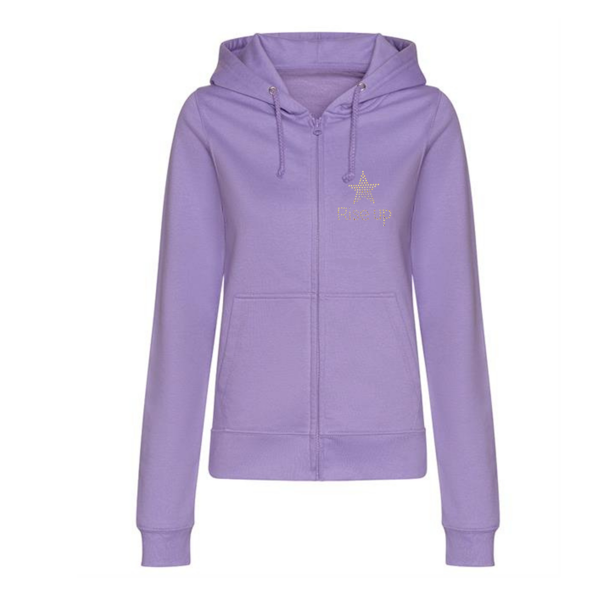 Purple zip up hoodie with little rise up writing and little gold star above, this is set on the front left of the hoodie