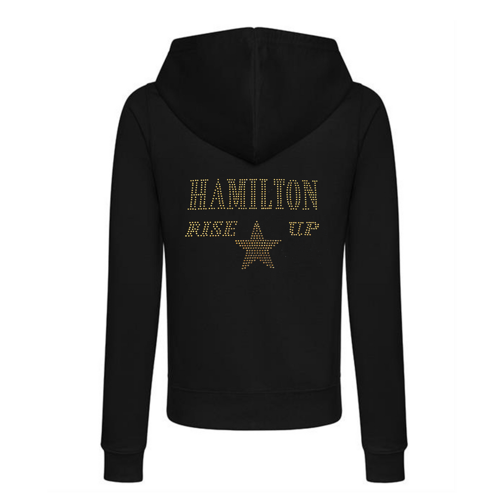 Black zip up hoodie, with gold sparkling "Hamilton Rose up" with a gold star set just underneath.
design is made up of sparkling rhinestones that catch the light beautifully
