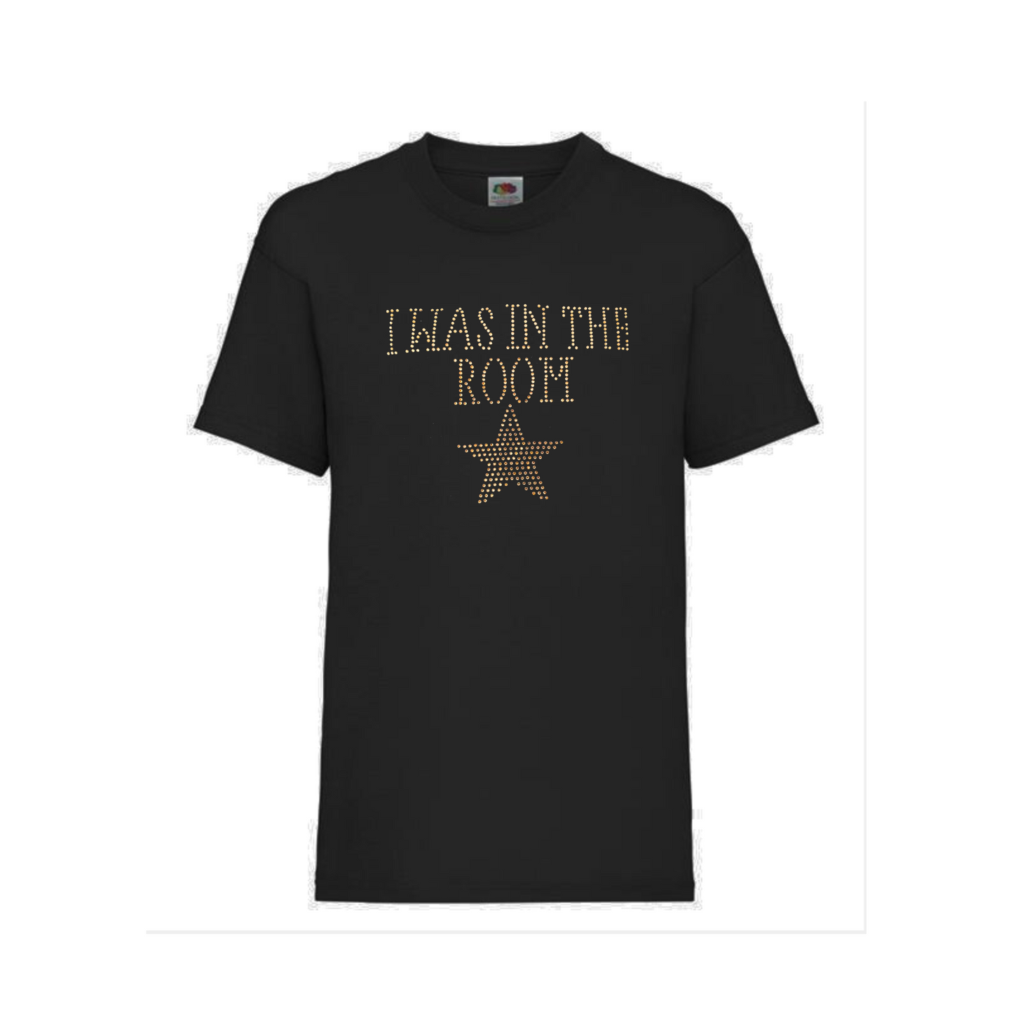 Black cotton short sleeve t shirt with I WAS IN THE ROOM spelt out and a gold star underneath.
The design is made up of gold rhinestones that sparkle in the light beautifully.
