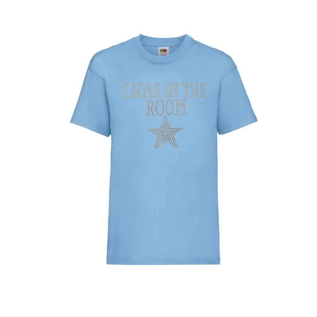 Blue cotton short sleeve t shirt with I WAS IN THE ROOM spelt out and a gold star underneath.
The design is made up of gold rhinestones that sparkle in the light beautifully.
