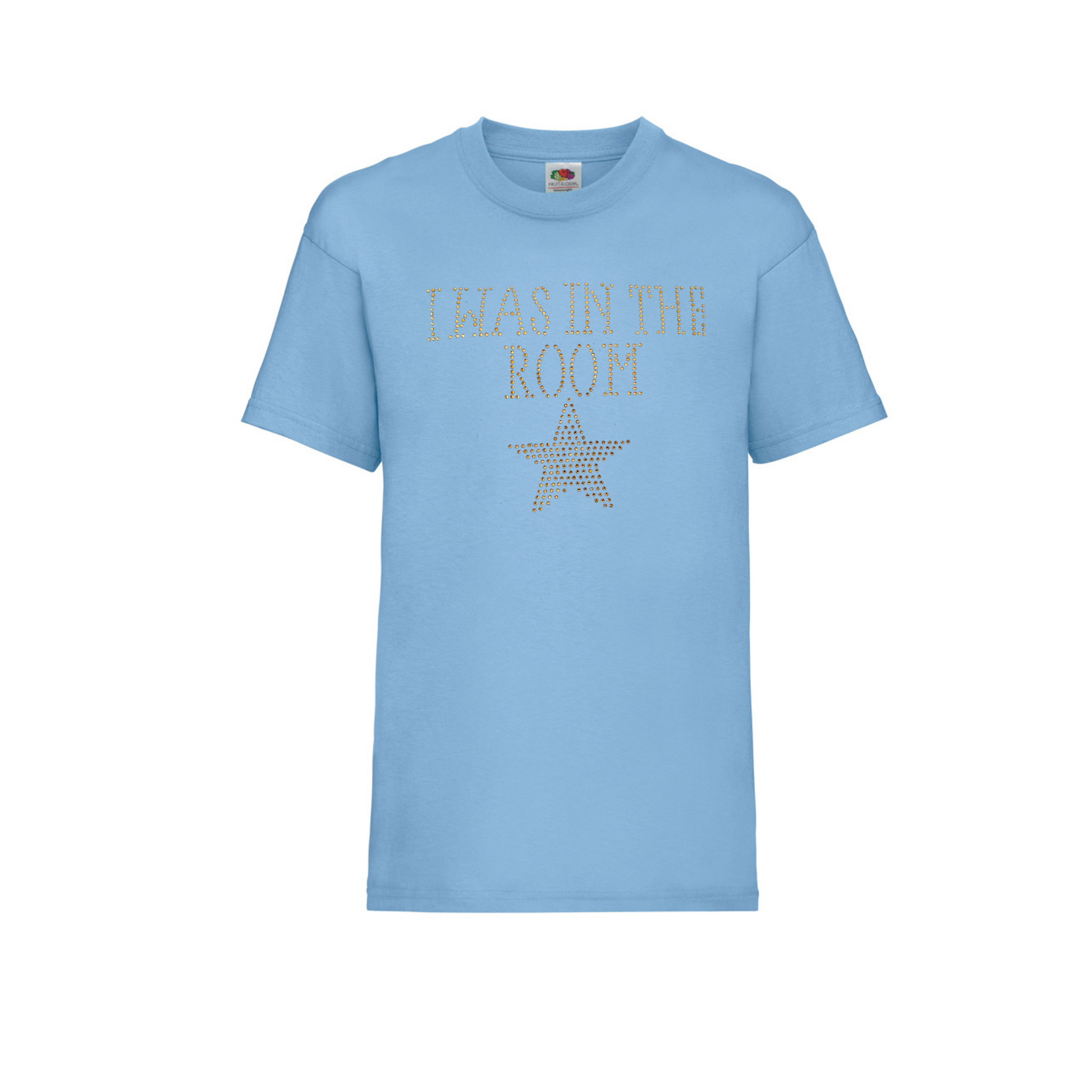 Blue cotton short sleeve t shirt with I WAS IN THE ROOM spelt out and a gold star underneath.
The design is made up of gold rhinestones that sparkle in the light beautifully.
