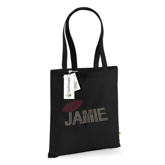 Strong black rectangular tote bag with silver rhinestones detailing Jamie and red rhinestones lips, very sparkly