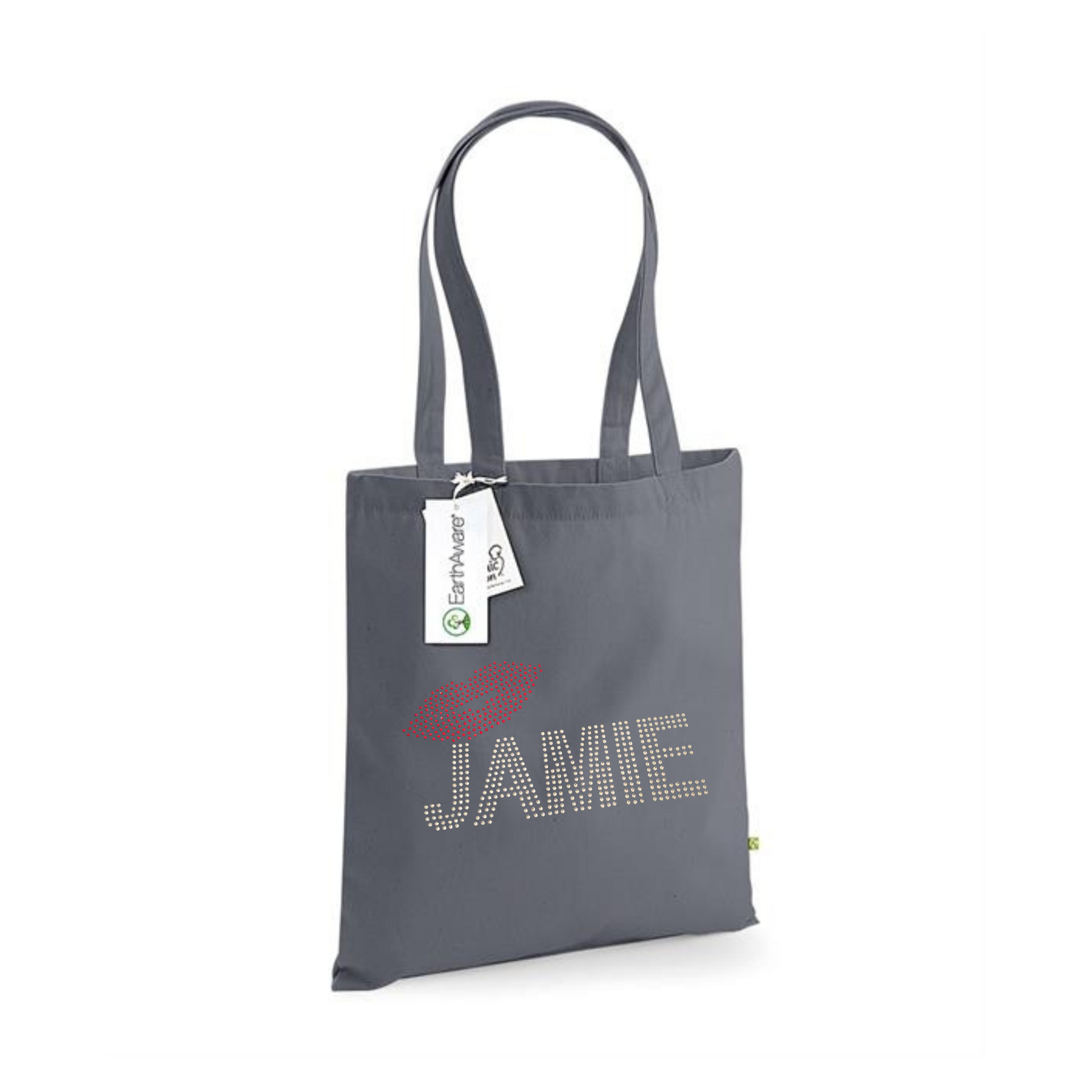 Strong dark grey rectangular tote bag with silver rhinestones detailing Jamie and red rhinestones lips, very sparkly