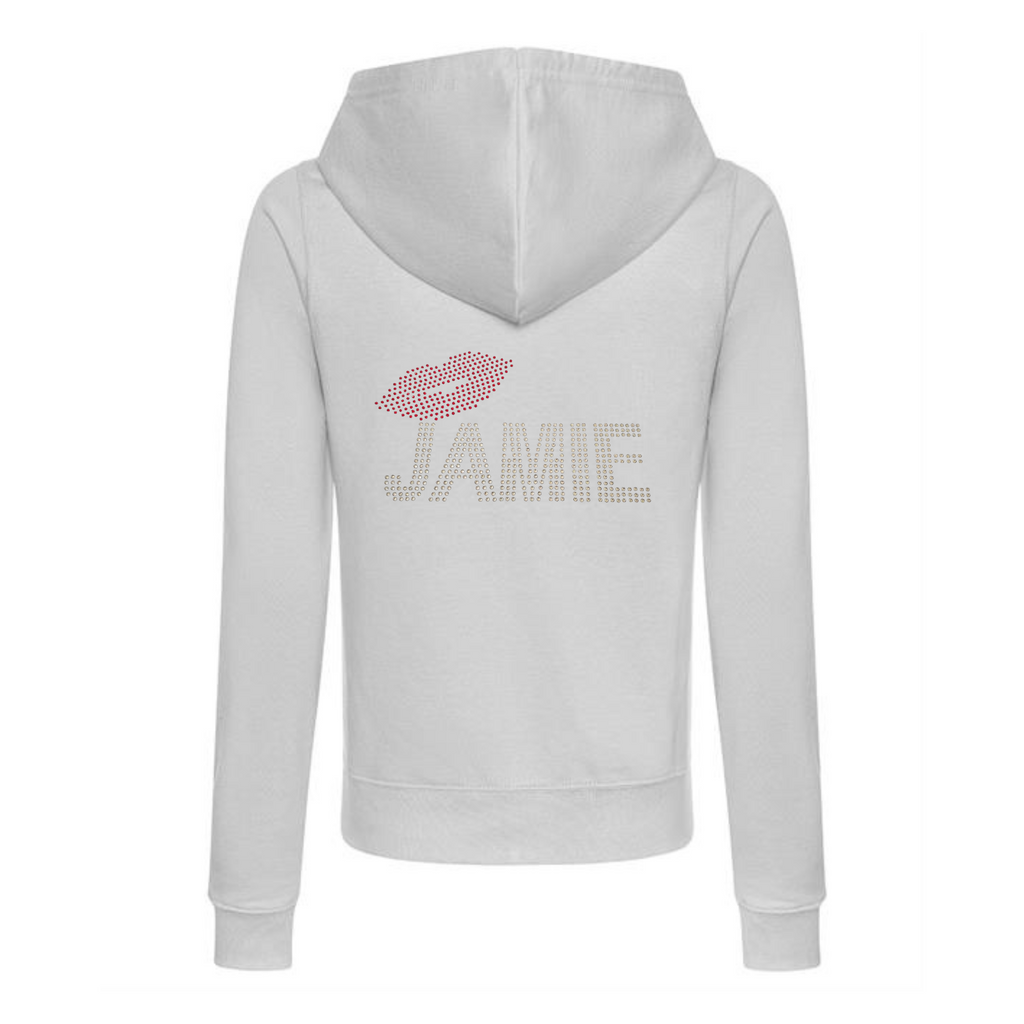 Gray zip up hoodie with silver rhinestones detailing Jamie and red rhinestones lips, very sparkly