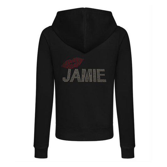 Black zip up hoodie with silver rhinestones detailing Jamie and red rhinestones lips, very sparkly