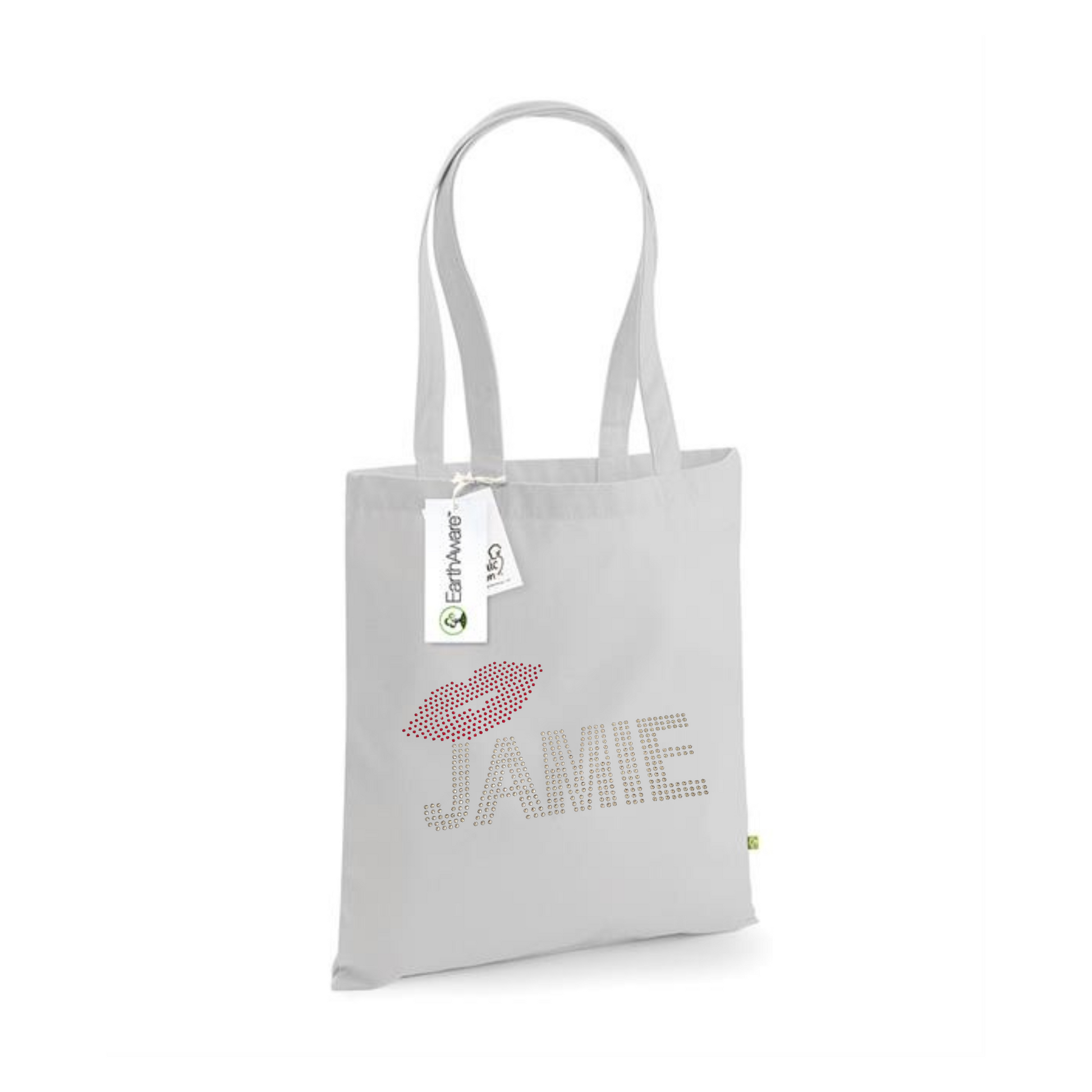 Strong light grey rectangular tote bag with silver rhinestones detailing Jamie and red rhinestones lips, very sparkly