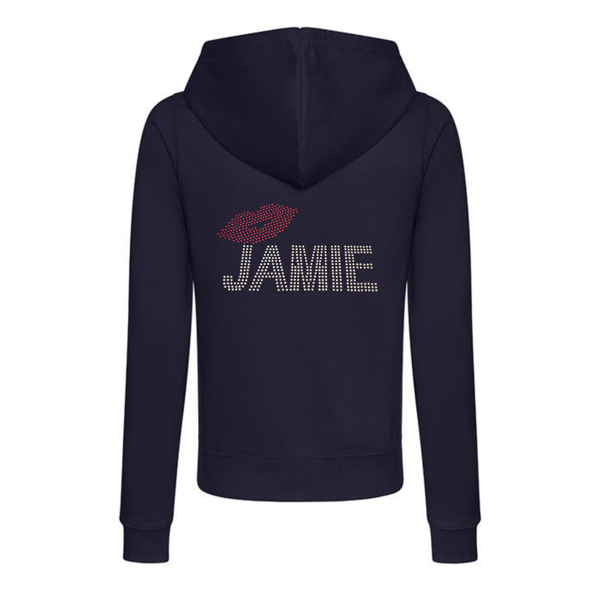 Navy zip up hoodie with silver rhinestones detailing Jamie and red rhinestones lips, very sparkly