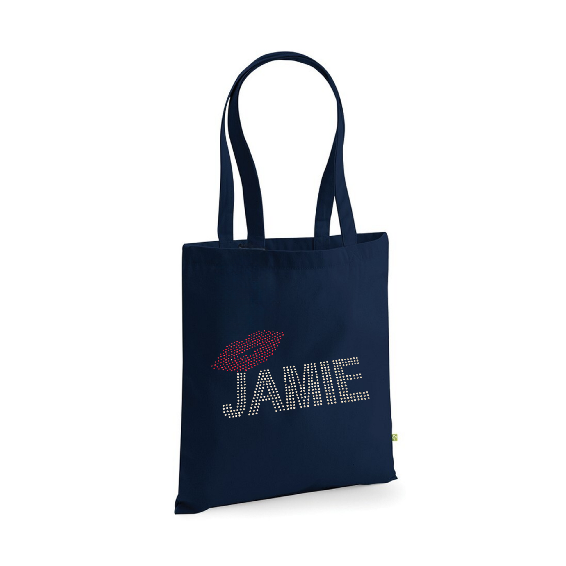 Strong navy rectangular tote bag with silver rhinestones detailing Jamie and red rhinestones lips, very sparkly