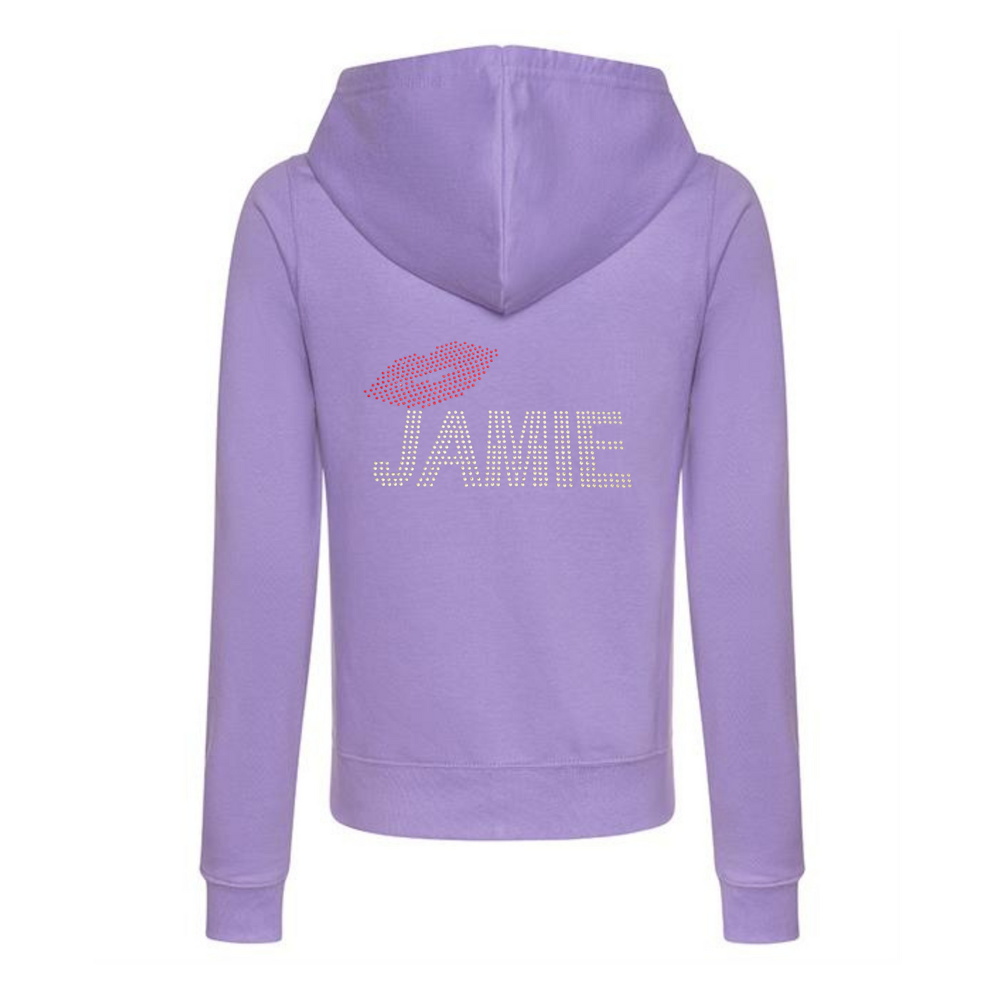 purple zip up hoodie with silver rhinestones detailing Jamie and red rhinestones lips, very sparkly