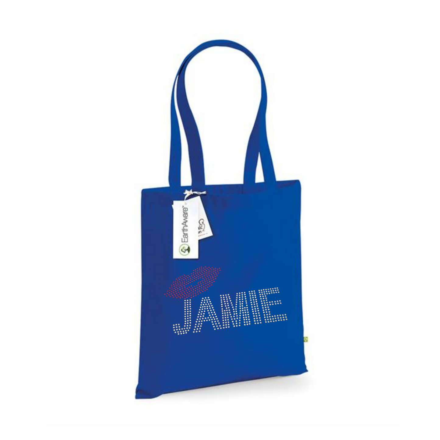 Strong royal blue rectangular tote bag with silver rhinestones detailing Jamie and red rhinestones lips, very sparkly