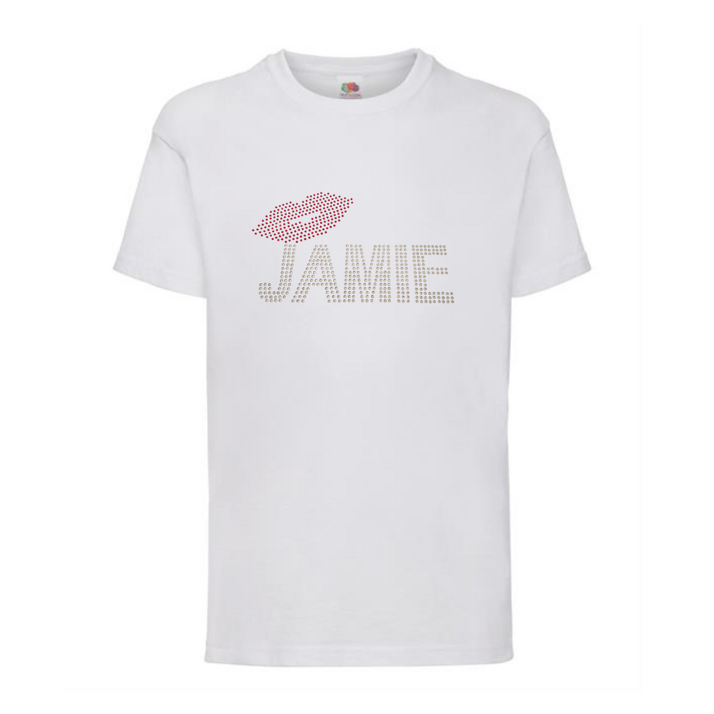 White children's short sleeve t shirt with silver rhinestones detailing Jamie and red rhinestones lips, very sparkly