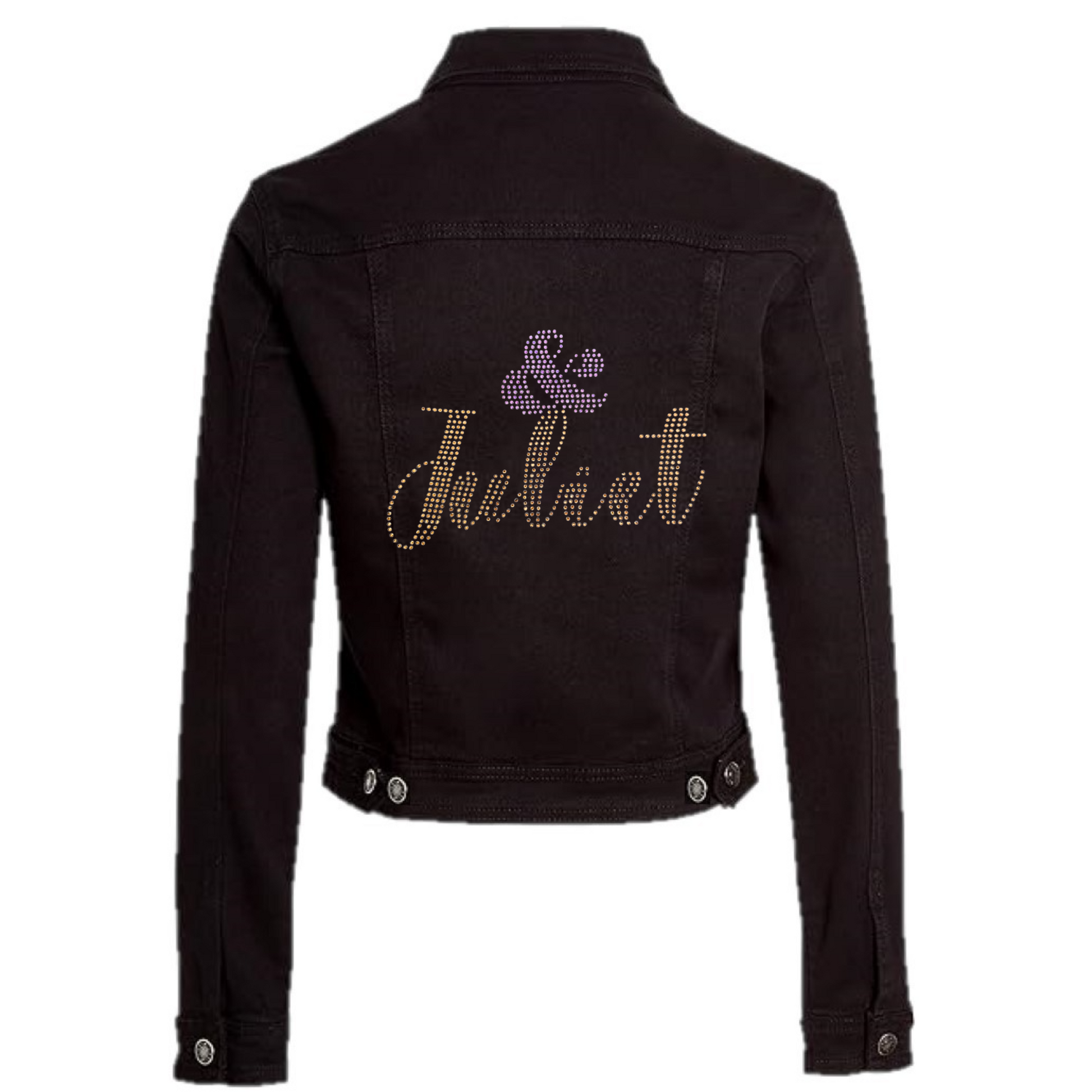 black denim jacket with sparkly &Juliet design on the back in gold and pink rhinestones