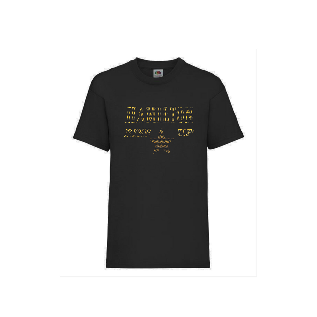 Black cotton short sleeve t shirt with HAMILTON AND RISE UP spelt out and a gold star underneath.
The design is made up of gold rhinestones that sparkle in the light beautifully.
