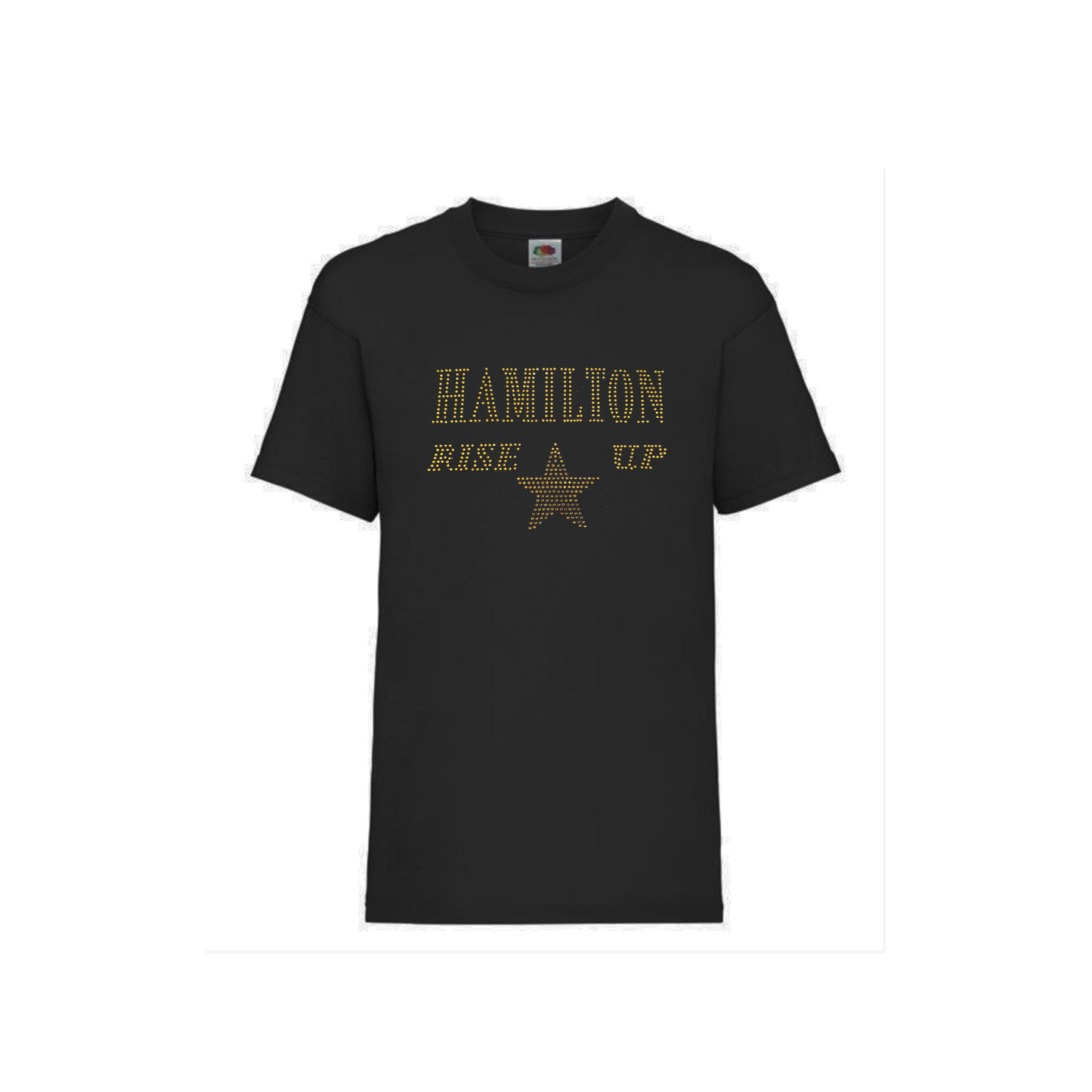 Black cotton short sleeve t shirt with HAMILTON AND RISE UP spelt out and a gold star underneath.
The design is made up of gold rhinestones that sparkle in the light beautifully.
