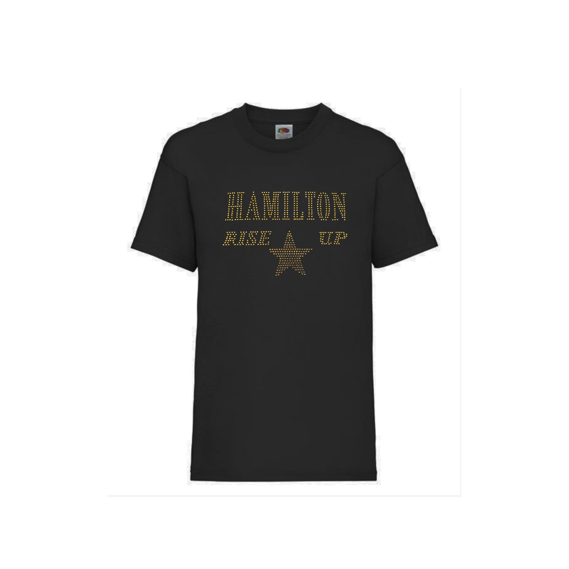 Black cotton short sleeve t shirt with HAMILTON AND RISE UP spelt out and a gold star underneath.
The design is made up of gold rhinestones that sparkle in the light beautifully.
