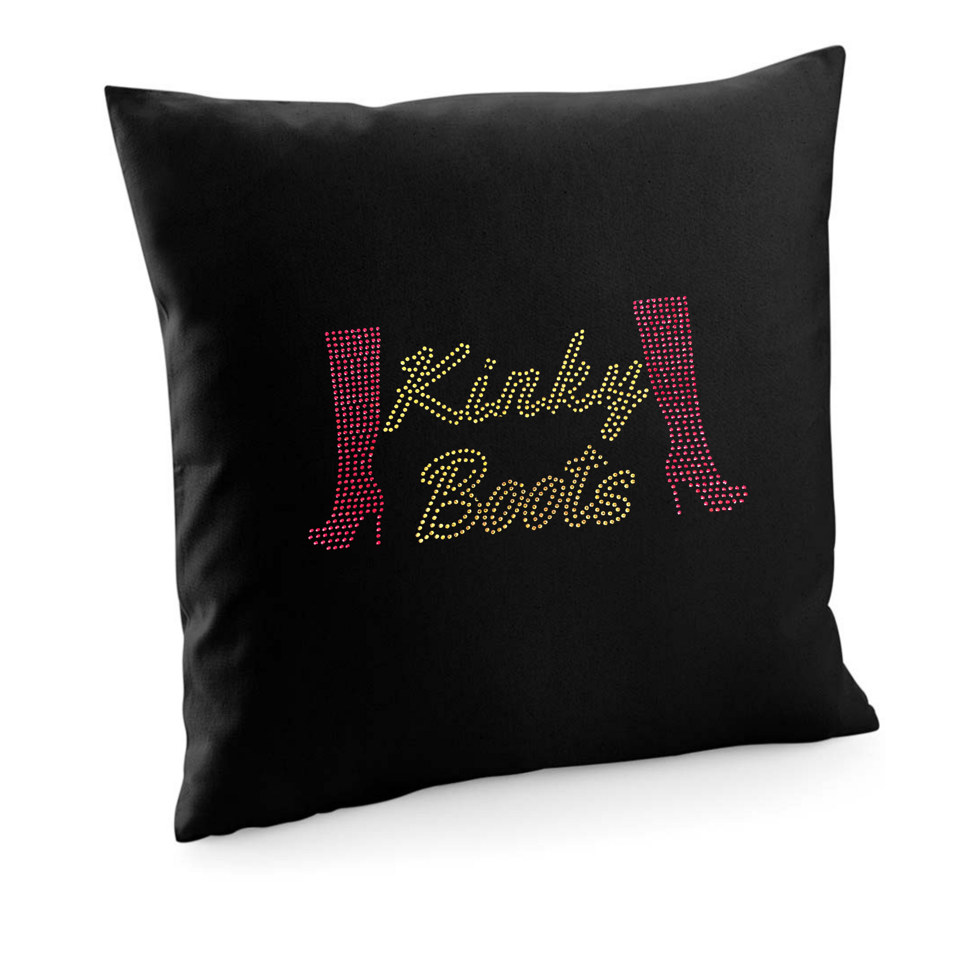 BLACK COTTON CUSHION COVER, ON THE FRONT IS GOLD KINKY BOOTS WRITING AND EACH SIDE OF THE WRITING IS A RED HEELED BOOT. THE DESIGN IS MADE UP OF HOT FIX RHINESTONES THAT HEAT PRESSED AND CATCH THE LIGHT BEAUTIFULLY