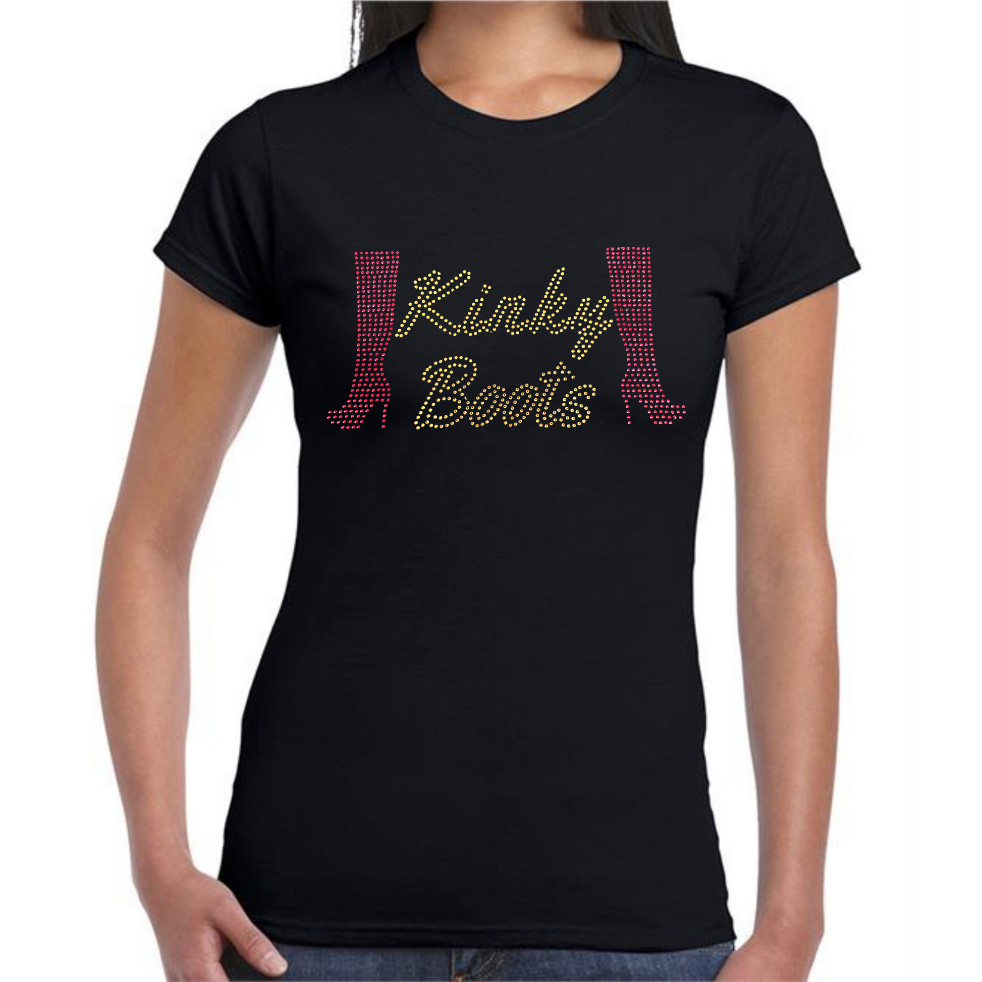 BLACK COTTON SHORT SLEEVE LADIES FIT T SHIRT, ON THE FRONT IS GOLD KINKY BOOTS WRITING AND EACH SIDE OF THE WRITING IS A RED HEELED BOOT. THE DESIGN IS MADE UP OF HOT FIX RHINESTONES THAT HEAT PRESSED AND CATCH THE LIGHT BEAUTIFULLY