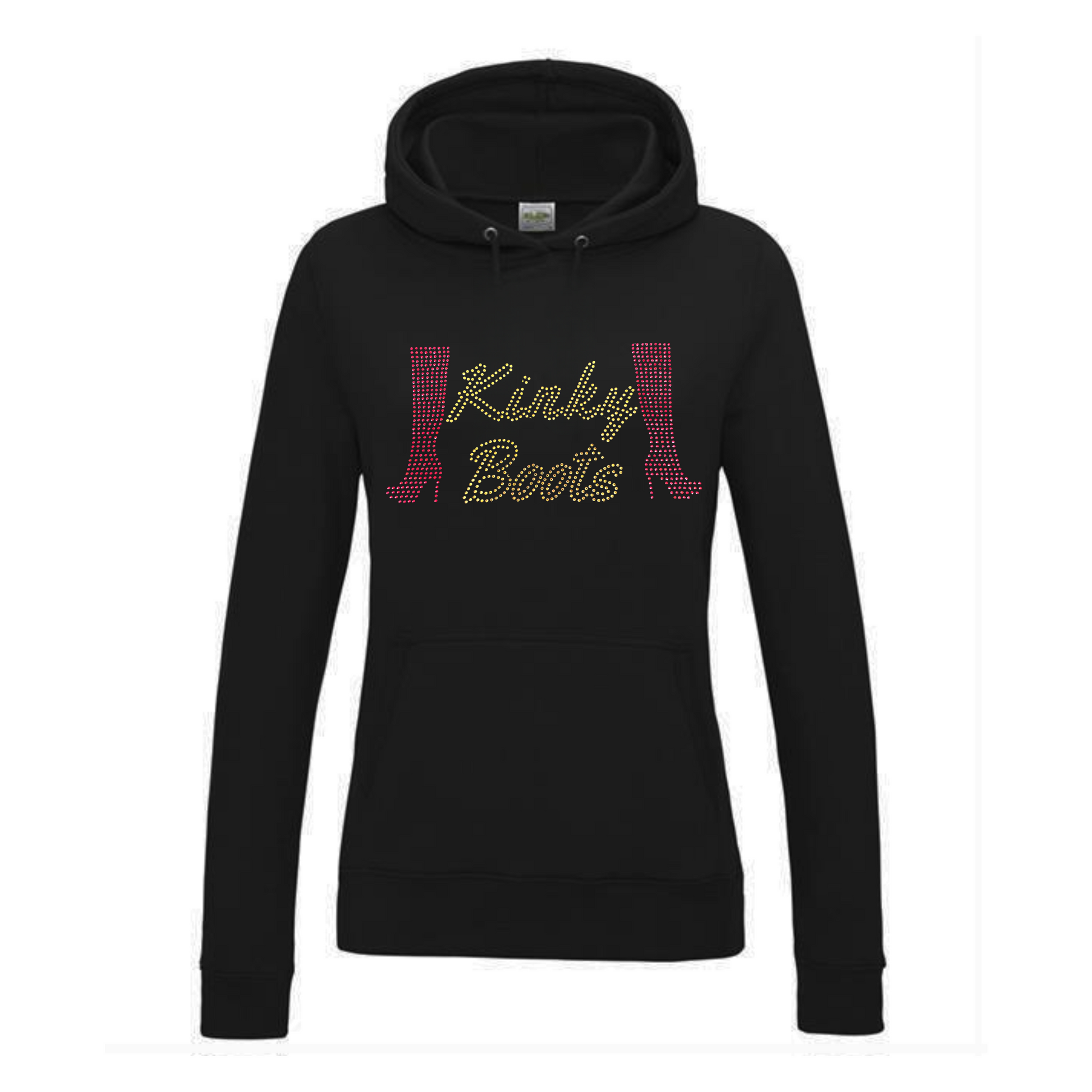 BLACK COTTON PULLOVER HOODIE BAG, ON THE FRONT  OF THE  HOODIE IS GOLD KINKY BOOTS WRITING AND EACH SIDE OF THE WRITING IS A RED HEELED BOOT. THE DESIGN IS MADE UP OF HOT FIX RHINESTONES THAT HEAT PRESSED AND CATCH THE LIGHT BEAUTIFULLY