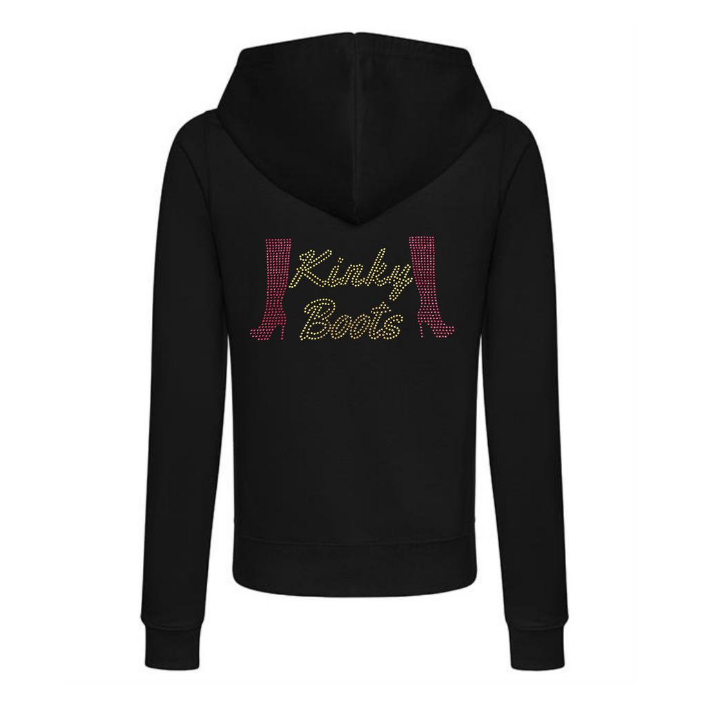 BLACK COTTON PULLOVER HOODIE BAG, ON THE BACK  OF THE  HOODIE IS GOLD KINKY BOOTS WRITING AND EACH SIDE OF THE WRITING IS A RED HEELED BOOT. THE DESIGN IS MADE UP OF HOT FIX RHINESTONES THAT HEAT PRESSED AND CATCH THE LIGHT BEAUTIFULLY