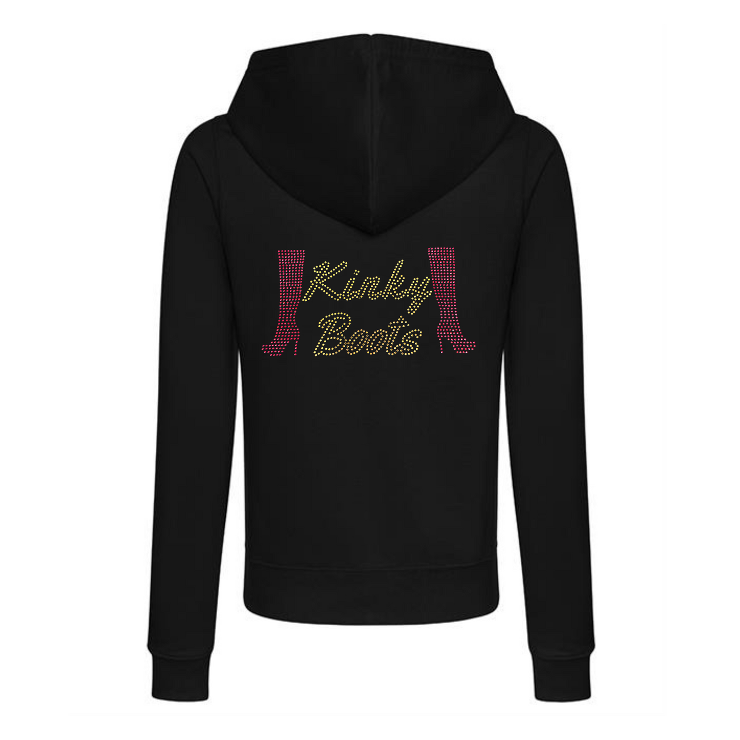 BLACK COTTON PULLOVER HOODIE BAG, ON THE BACK  OF THE  HOODIE IS GOLD KINKY BOOTS WRITING AND EACH SIDE OF THE WRITING IS A RED HEELED BOOT. THE DESIGN IS MADE UP OF HOT FIX RHINESTONES THAT HEAT PRESSED AND CATCH THE LIGHT BEAUTIFULLY
