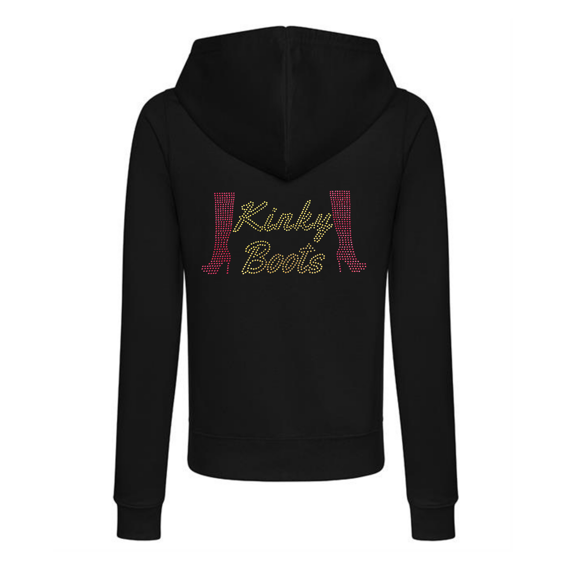 BLACK COTTON PULLOVER HOODIE BAG, ON THE BACK  OF THE  HOODIE IS GOLD KINKY BOOTS WRITING AND EACH SIDE OF THE WRITING IS A RED HEELED BOOT. THE DESIGN IS MADE UP OF HOT FIX RHINESTONES THAT HEAT PRESSED AND CATCH THE LIGHT BEAUTIFULLY