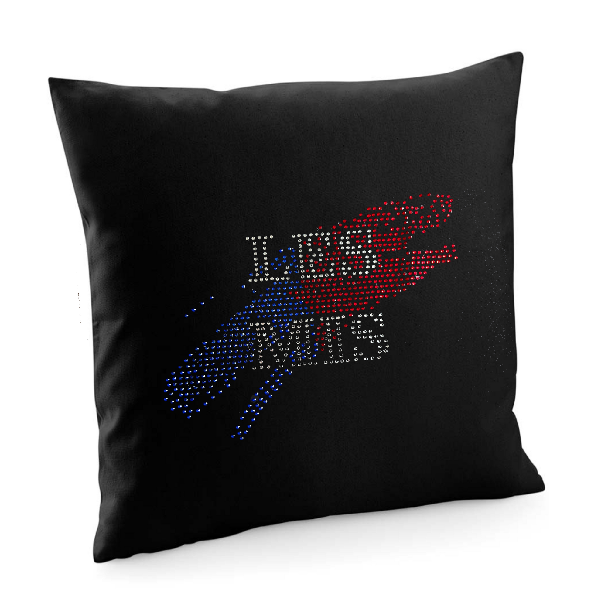 BLACK COTTON CUSHION COVER WITH SILVER LES MIS LETTERING, SET IN A BLUE AND RED SPLASH.
THE DESIGN IS MADE UP OF HOT FIX RHINESTONES THAT HEAT PRESSED AND CATCH THE LIGHT BEAUTIFULLY