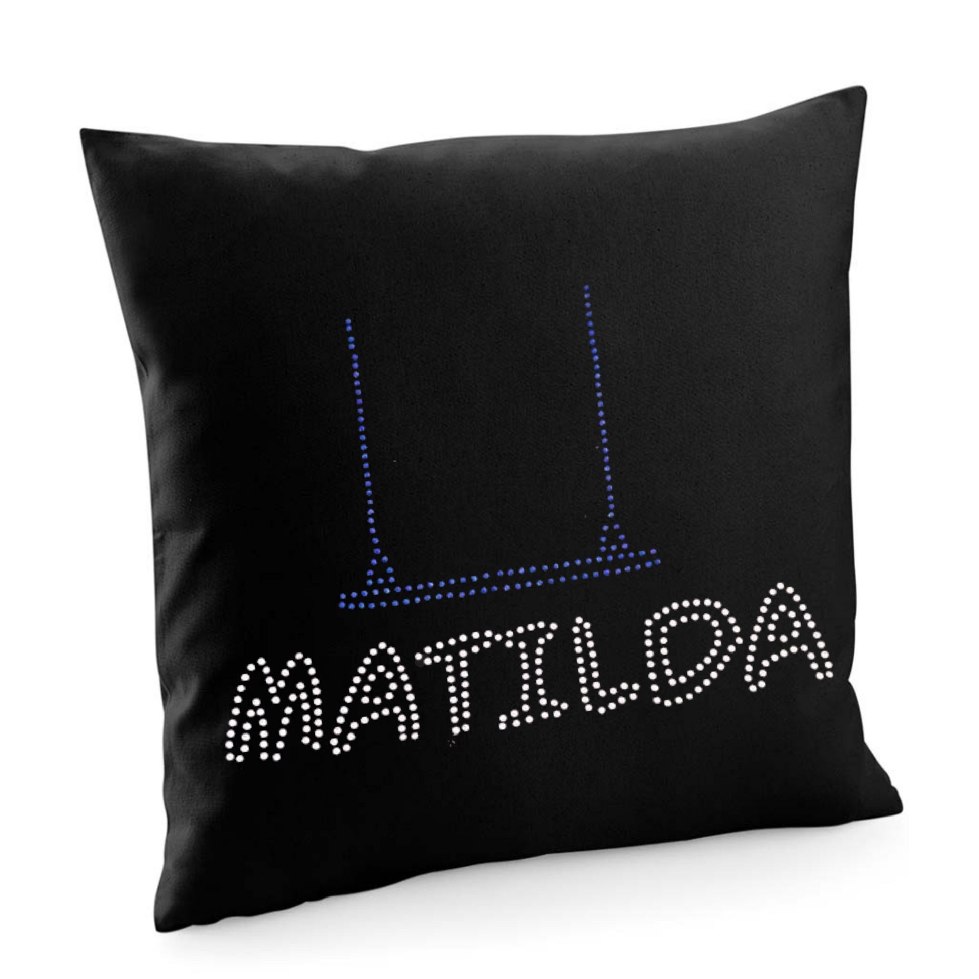 MATILDA BLACK COTTON CUSHION COVER WITH MATILDA LETTERING, SET JUST ABOVE THIS IS BLUE SWING
THE DESIGN IS MADE UP OF HOT FIX RHINESTONES THAT HEAT PRESSED AND CATCH THE LIGHT BEAUTIFULLY