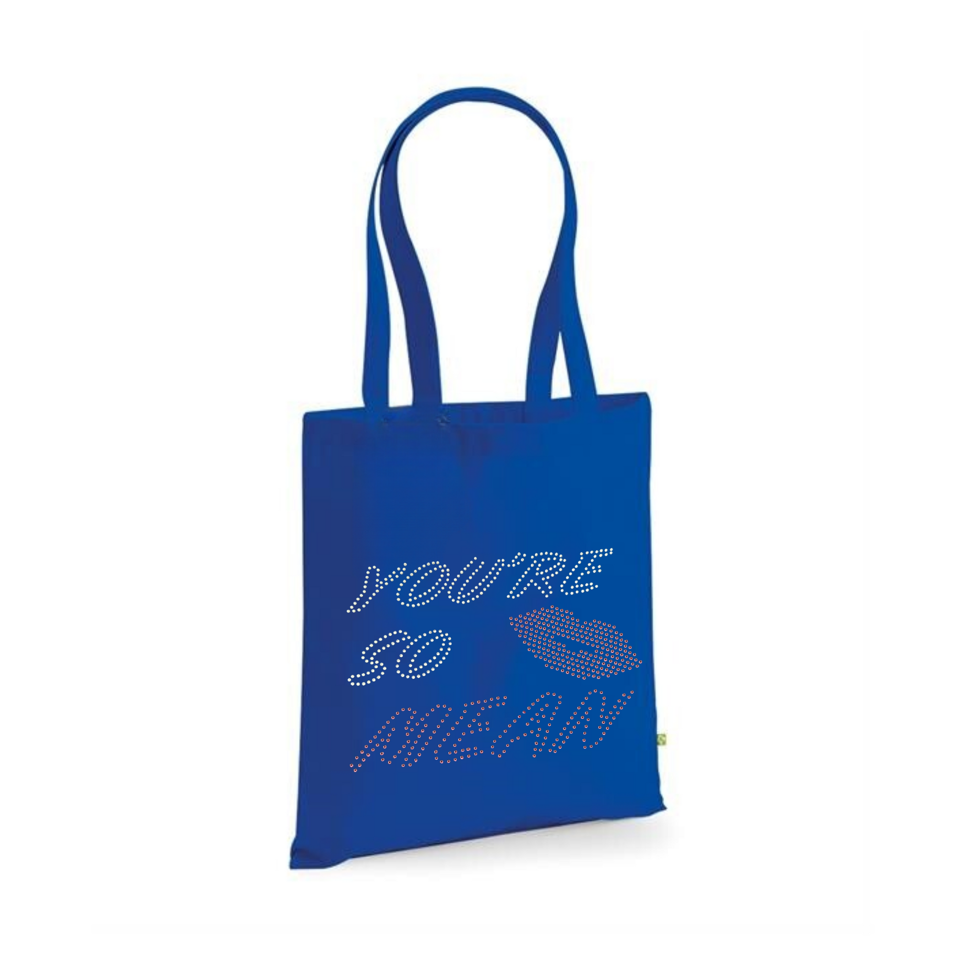 Mean girls, royal blue cotton heavy tote bag with long handles, on the front of the t shirt, is silver and pink sparkly writing spelling out 'You're so mean" the last word mean is in pink, set in the middle of the lettering is a set of pink lips.