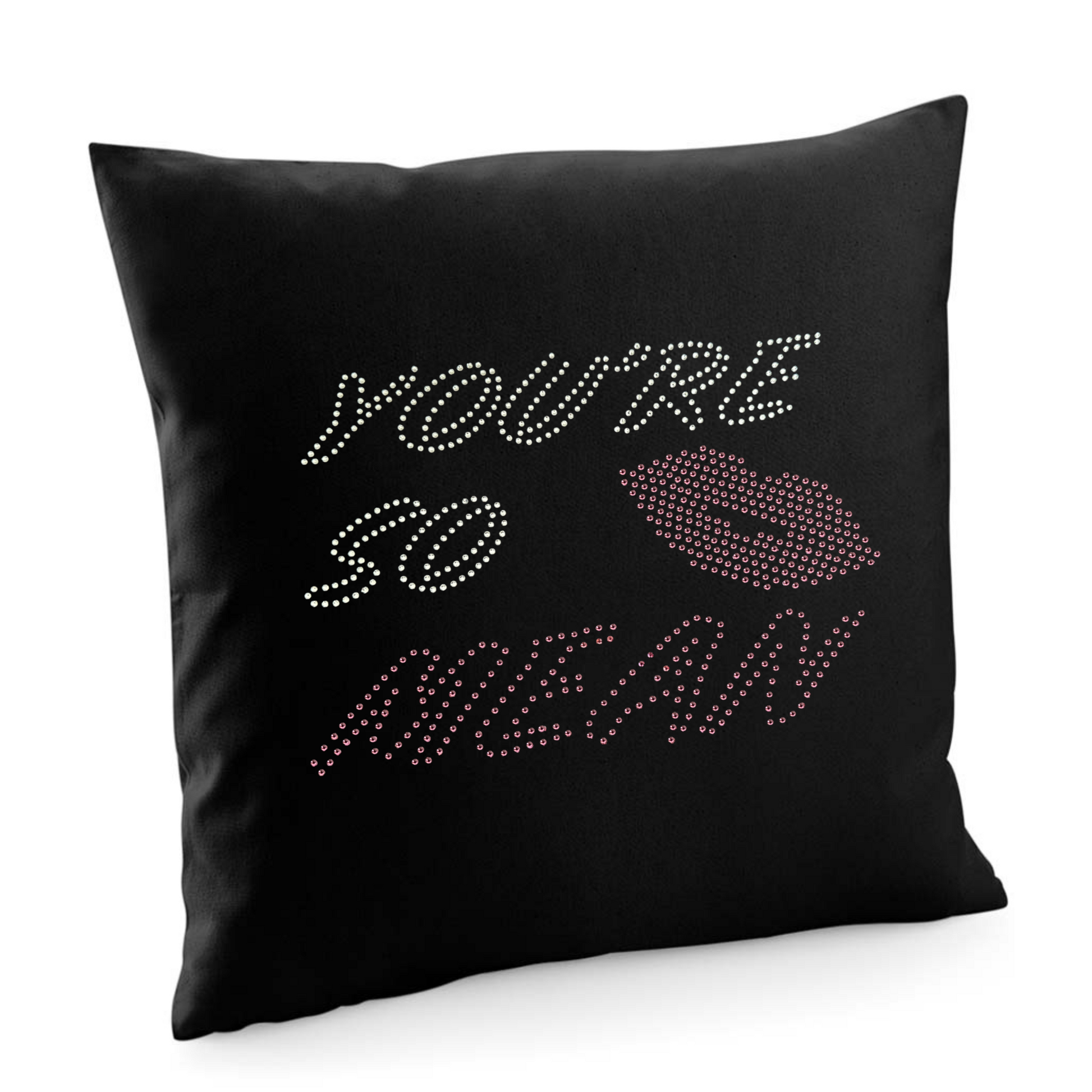MEAN GIRLS BLACK COTTON CUSHION COVER WITH THE WORDS YOU'RE SO MEAN AND A SET OF PINK LIPS SET NEXT TO THE WORDS. THE WORDS ARE IN SILVER EXCEPT THE WORD MEAN IS IN PINK TO MATCH THE LIPS.
THE DESIGN IS MADE UP OF HOT FIX RHINESTONES THAT HEAT PRESSED AND CATCH THE LIGHT BEAUTIFULLY