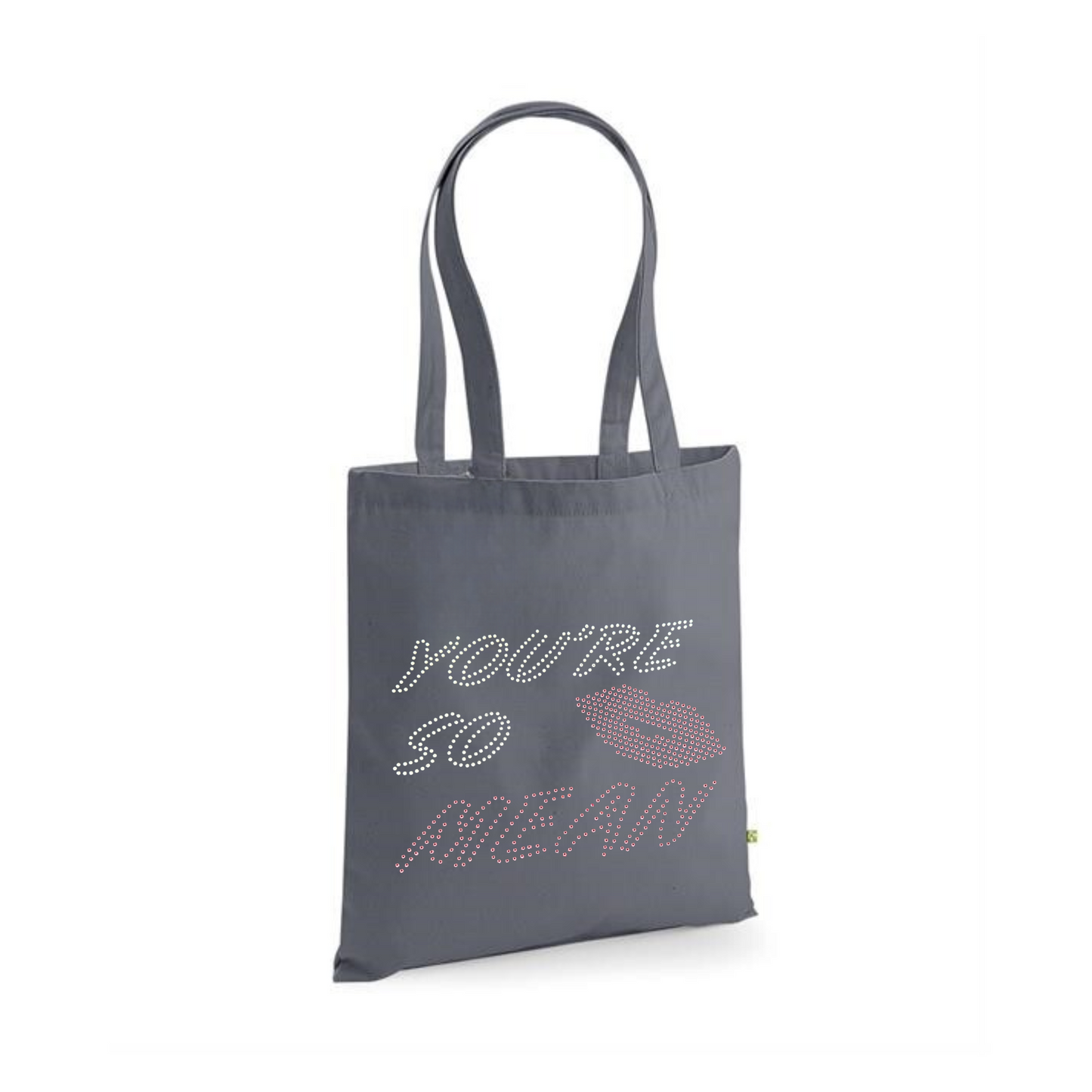 Mean girls, dark grey cotton heavy tote bag with long handles, on the front of the t shirt, is silver and pink sparkly writing spelling out 'You're so mean" the last word mean is in pink, set in the middle of the lettering is a set of pink lips.