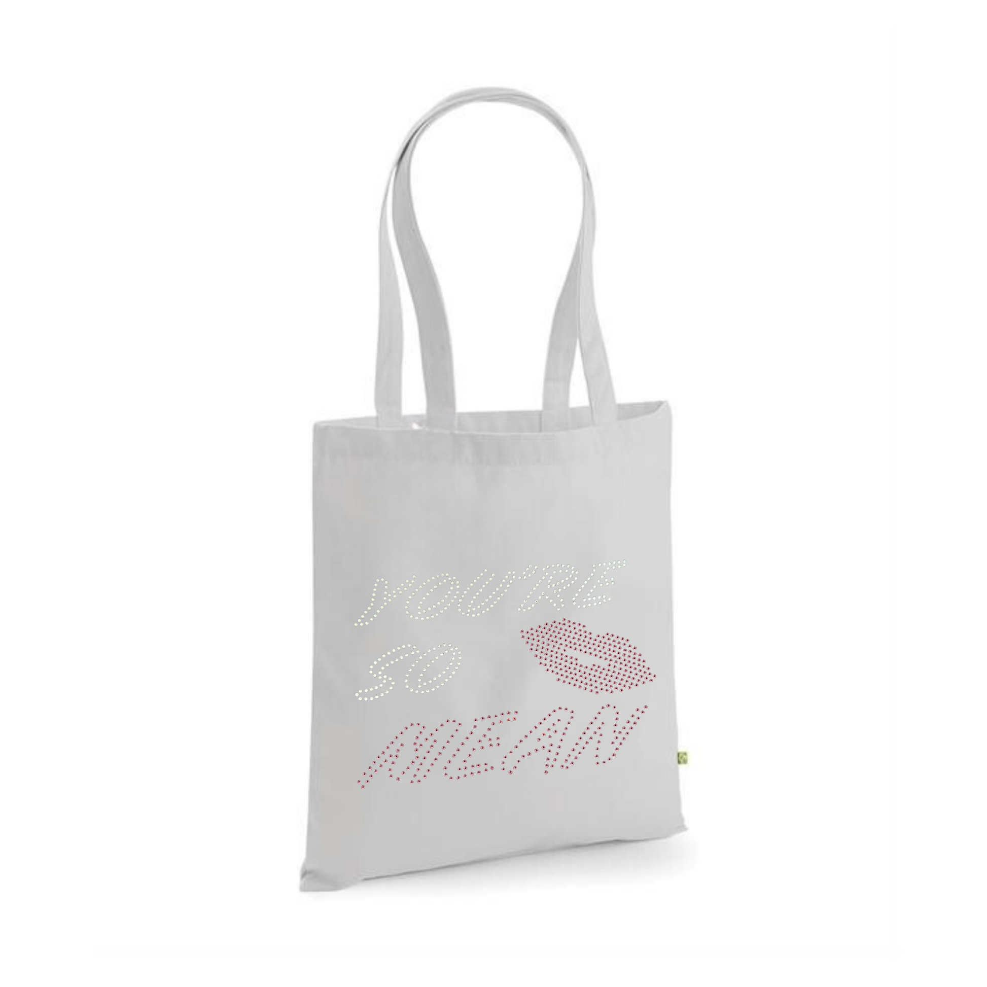 Mean girls, light grey cotton heavy tote bag with long handles, on the front of the t shirt, is silver and pink sparkly writing spelling out 'You're so mean" the last word mean is in pink, set in the middle of the lettering is a set of pink lips.