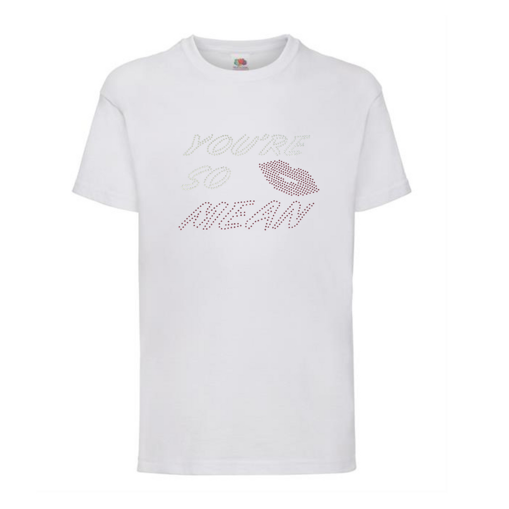 Mean girls, white cotton short sleeve t shirt, on the front of the t shirt, is silver and pink sparkly writing spelling out 'You're so mean" the last word mean is in pink, set in the middle of the lettering is a set of pink lips.