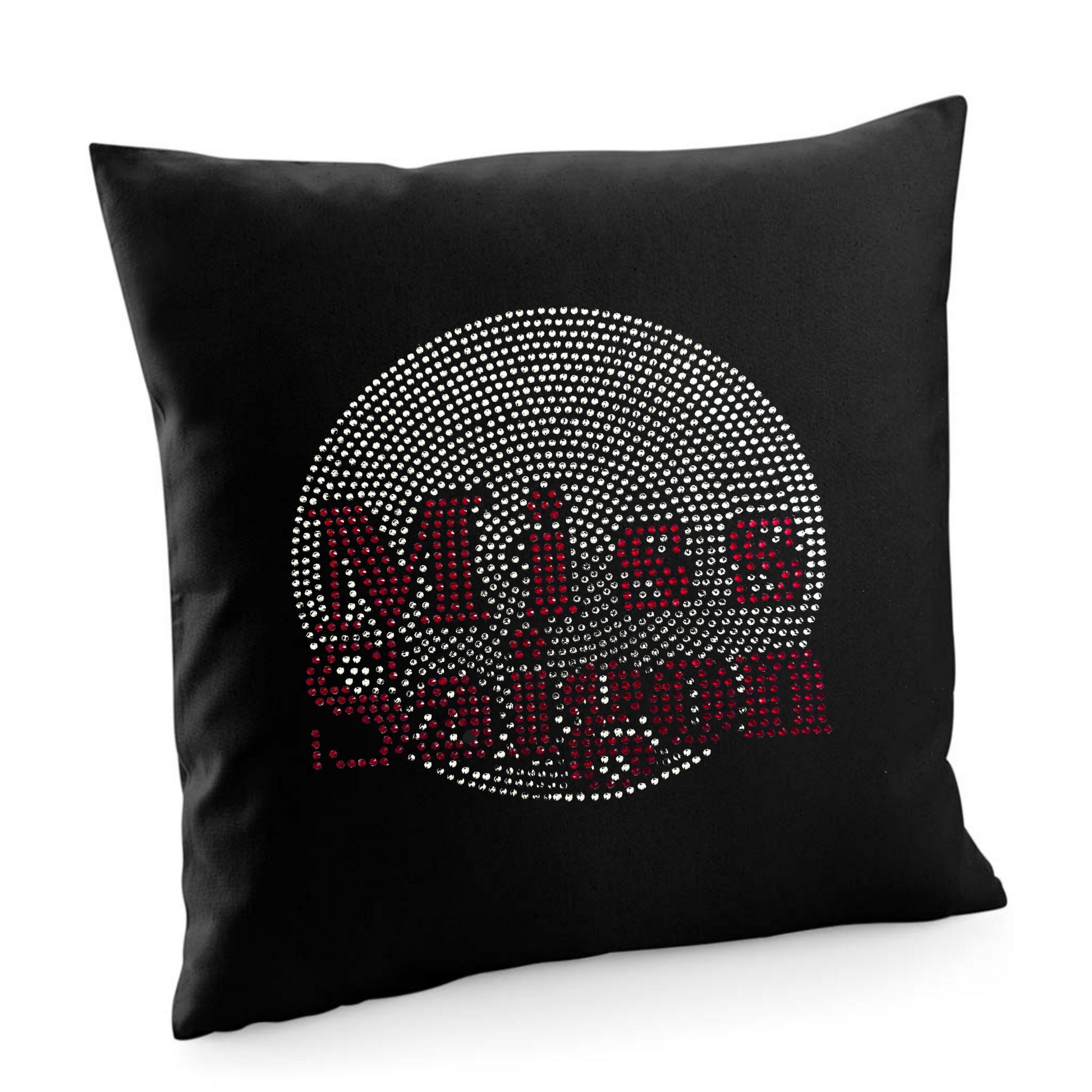 MISS SAIGON BLACK COTTON CUSHION COVER WITH THE WORD MISS SAIGON SET INTO A SILVER CIRCLE
THE DESIGN IS MADE UP OF HOT FIX RHINESTONES THAT HEAT PRESSED AND CATCH THE LIGHT BEAUTIFULLY