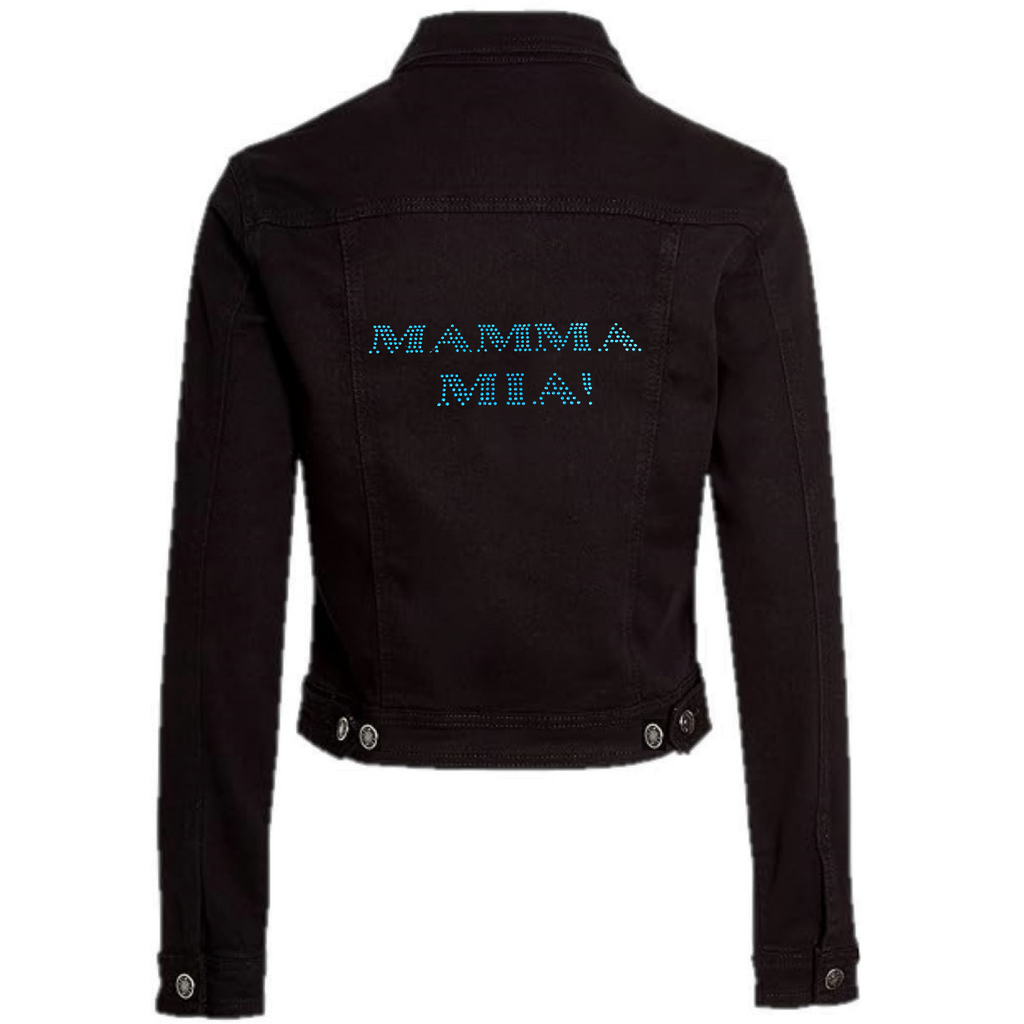 BLACK DENIM JACKET WITH MAMMA MIA WRITING ON THE BACK IN SPARKLY BLUE HOT FIX RHINESTONES THAT CATCH THE LIGHT