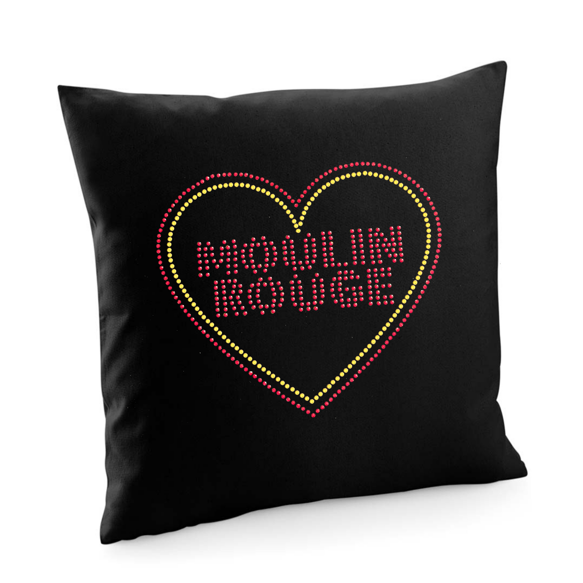MOULIN ROUGE BLACK COTTON CUSHION COVER WITH MOULIN ROUGE LETTERING, WITH GOLD AND RED HEART HEART AROUND THEM.
THE DESIGN IS MADE UP OF HOT FIX RHINESTONES THAT HEAT PRESSED AND CATCH THE LIGHT BEAUTIFULLY