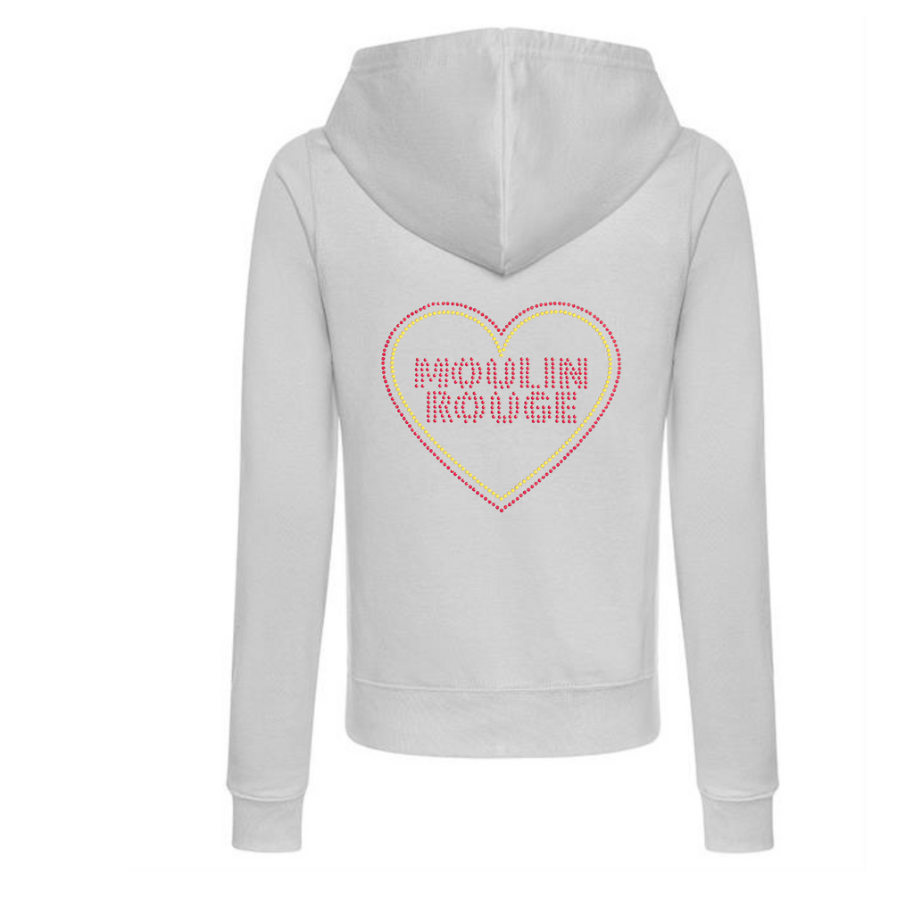 Grey cotton zip up hoodie, with a moulin rouge inspired design on the back. The design is made up of Moulin Rouge lettering in red sparkling stones, there is also a red and gold heart around the writing, the design is made up of hot fix rhinestones that are heat pressed