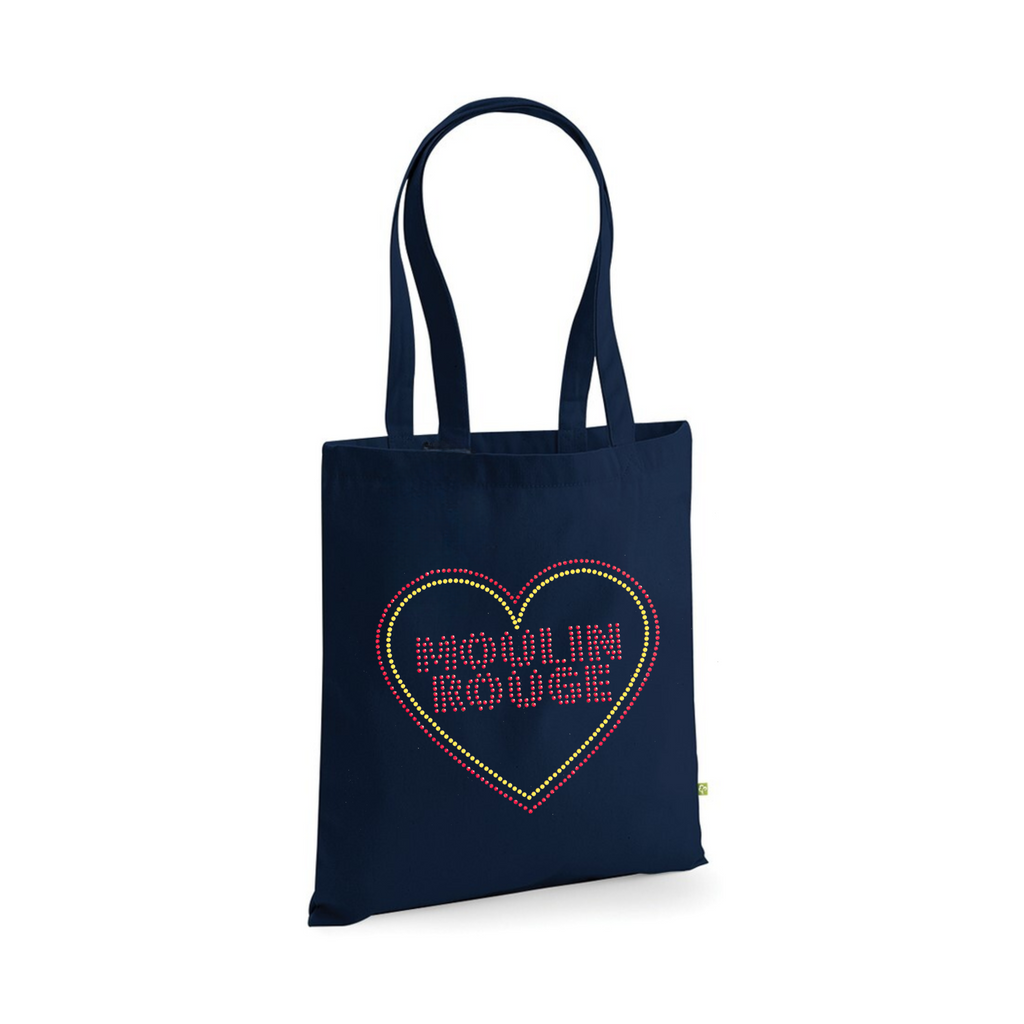 Navy heavy cotton tote bag, with a moulin rouge inspired design on the front. The design is made up of Moulin Rouge lettering in red sparkling stones, there is also a red and gold heart around the writing, the design is made up of hot fix rhinestones that are heat pressed