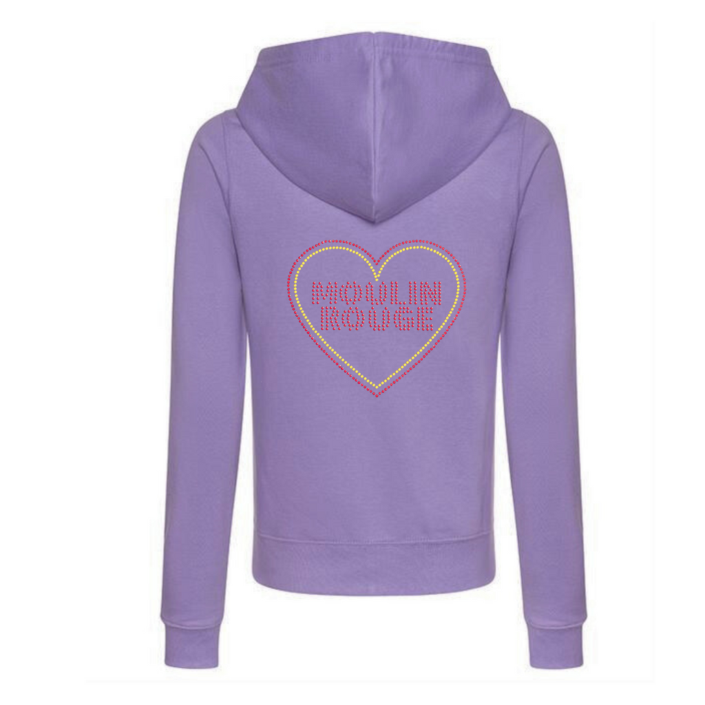 Purple cotton zip up hoodie, with a moulin rouge inspired design on the back. The design is made up of Moulin Rouge lettering in red sparkling stones, there is also a red and gold heart around the writing, the design is made up of hot fix rhinestones that are heat pressed