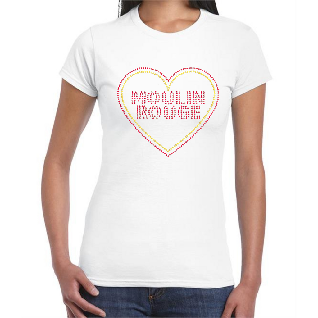 White short sleeve ladies T shirt with a moulin rouge inspired design on the front. The design is made up of Moulin Rouge lettering in red sparkling stones, there is also a red and gold heart around the writing, the design is made up of hot fix rhinestones that are heat pressed