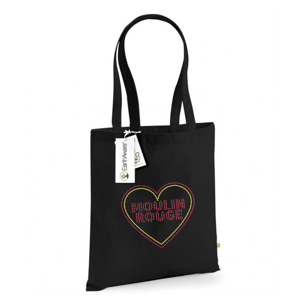 Black heavy cotton tote bag, with a moulin rouge inspired design on the front. The design is made up of Moulin Rouge lettering in red sparkling stones, there is also a red and gold heart around the writing, the design is made up of hot fix rhinestones that are heat pressed