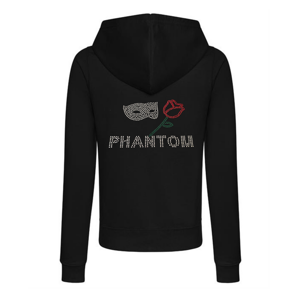 BLACK COTTON PULLOVER HOODIE FOR ADULTS, ON THE BACK IS PHANTOM LETTERING, ABOVE THIS A SILVER MASK AND RED ROSE WITH GREEN STEM AND LEAF.
THE DESIGN IS MADE UP OF HOT FIX RHINESTONES THAT HEAT PRESSED AND CATCH THE LIGHT BEAUTIFULLY