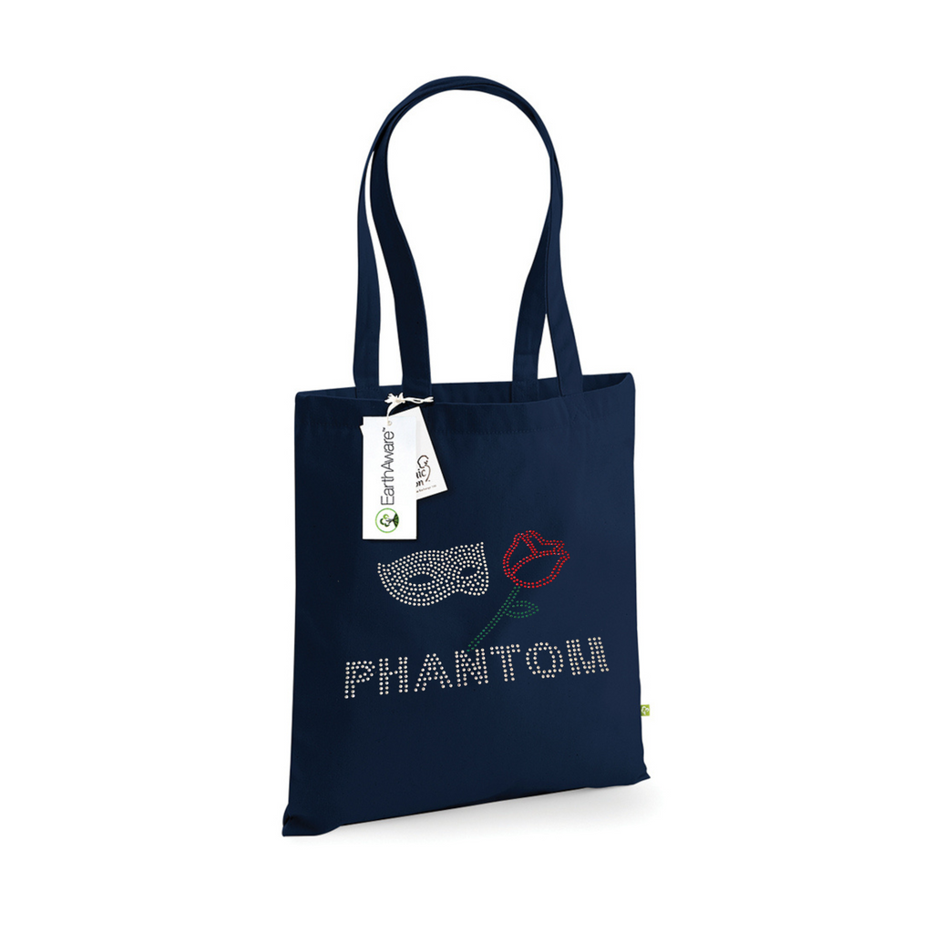 NAVY COTTON TOTE BAG WITH LONG HANDLES WITH PHANTOM LETTERING, ABOVE THIS A SILVER MASK AND RED ROSE WITH GREEN STEM AND LEAF.
THE DESIGN IS MADE UP OF HOT FIX RHINESTONES THAT HEAT PRESSED AND CATCH THE LIGHT BEAUTIFULLY