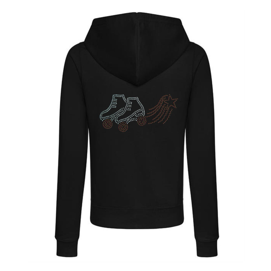 Black pullover hoodie, on the back there is  silver Starlight Express writing with rainbow rose gold starlight trail over the top of the writing and train track underneath,
The design is made up of sparkling hot fix rhinestones that catch the light and sparkle.