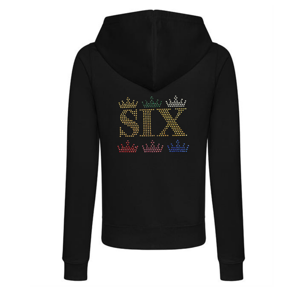BLACK ZIP UP HOODIE ON THE BACK THERE IS GOLD SIX LETTERING, ABOVE AND BELOW THE LETTERING ARE THREE CROWNS A COLOUR FOR EACH QUEEN. SO A GOLD, GREEN AND SILVER CROWN ABOVE AND A RED, PINK AND BLUE CROWN BELOW. THE DESIGN IS MADE UP OF HOT FIX RHINESTONES THAT HEAT PRESSED AND CATCH THE LIGHT BEAUTIFULLY

