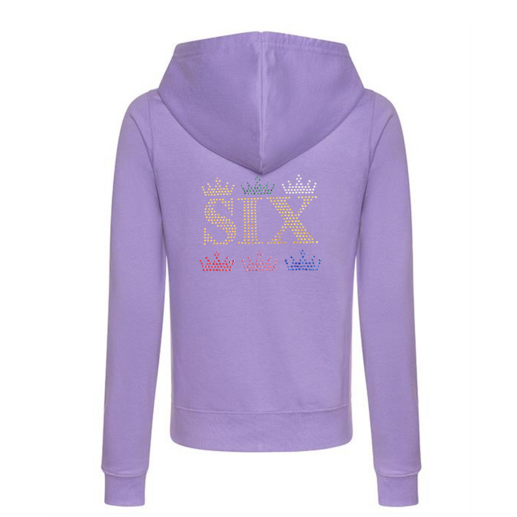 PURPLE ZIP UP HOODIE ON THE BACK THERE IS GOLD SIX LETTERING, ABOVE AND BELOW THE LETTERING ARE THREE CROWNS A COLOUR FOR EACH QUEEN. SO A GOLD, GREEN AND SILVER CROWN ABOVE AND A RED, PINK AND BLUE CROWN BELOW. THE DESIGN IS MADE UP OF HOT FIX RHINESTONES THAT HEAT PRESSED AND CATCH THE LIGHT BEAUTIFULLY

